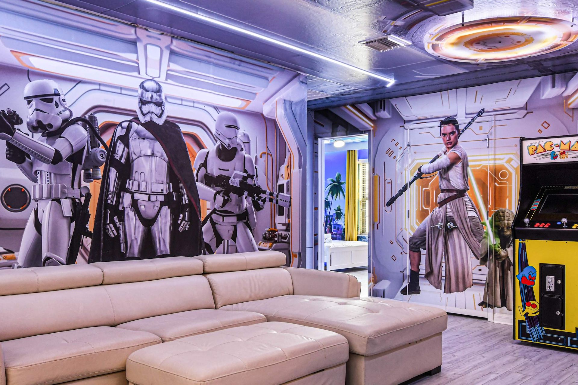 Star Wars-themed arcade lounge with comfy seating and retro games!
