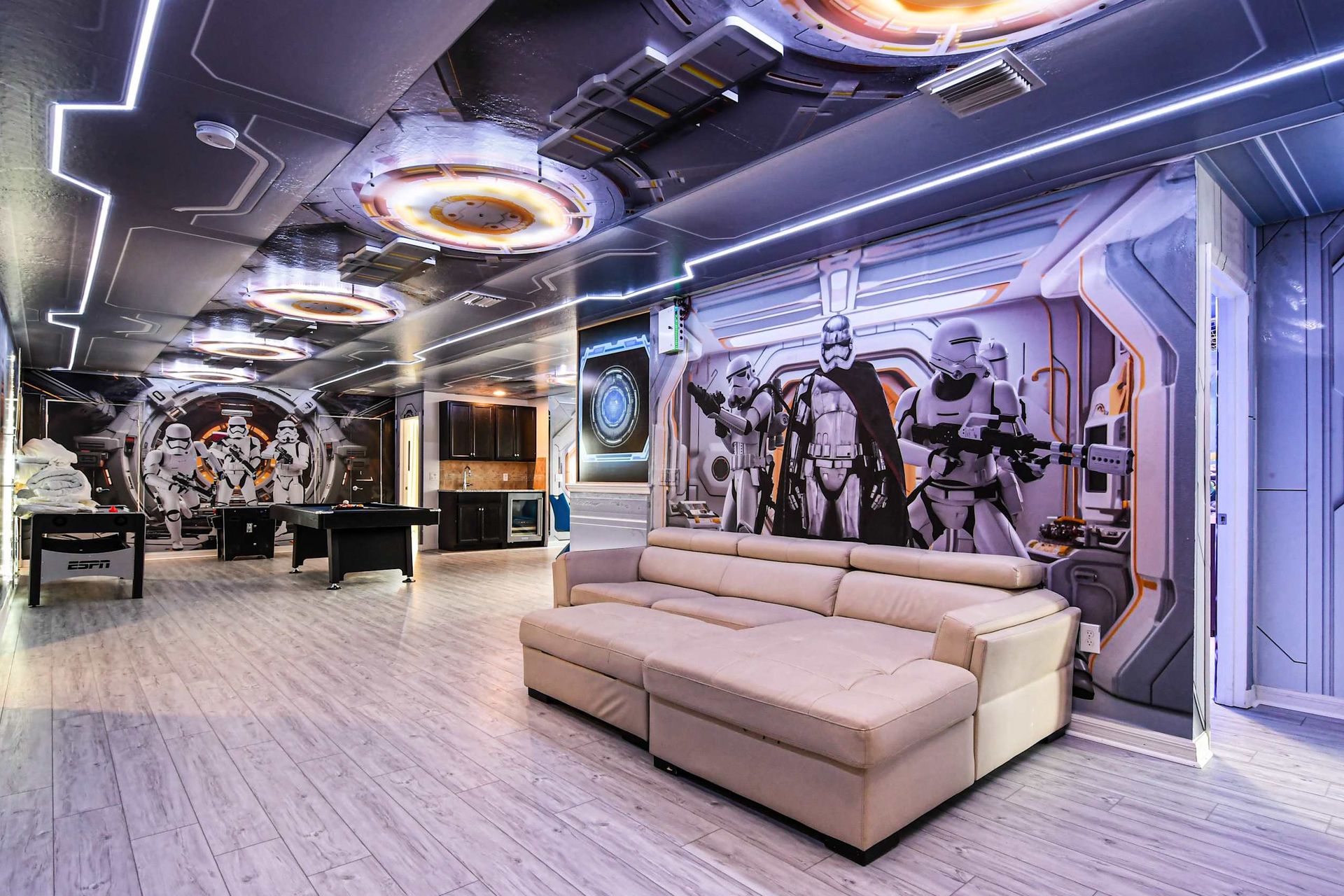 Epic Star Wars-themed lounge and game room—play and unwind in style!