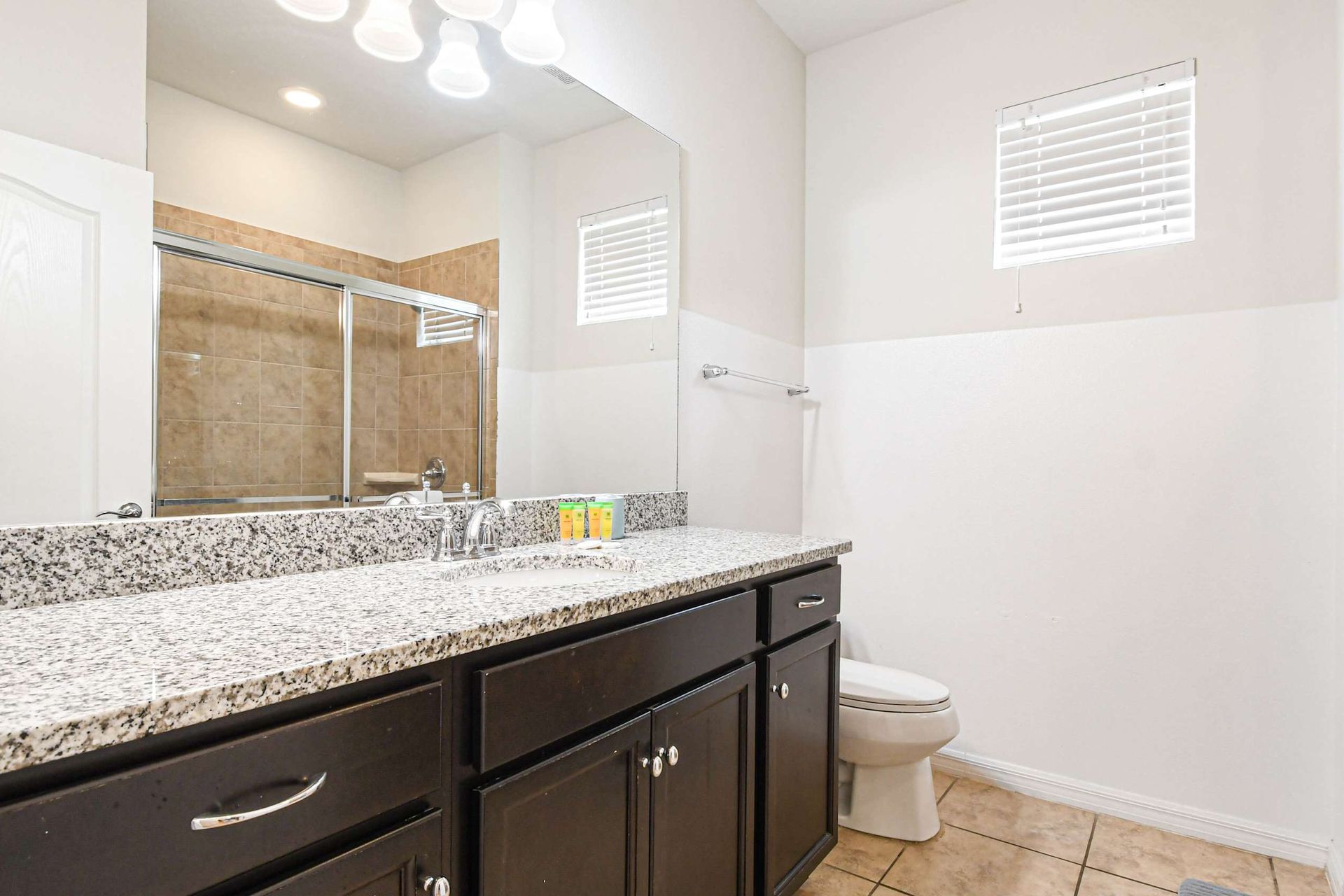 Bright bathroom with granite countertop, tiled shower, and natural light.
