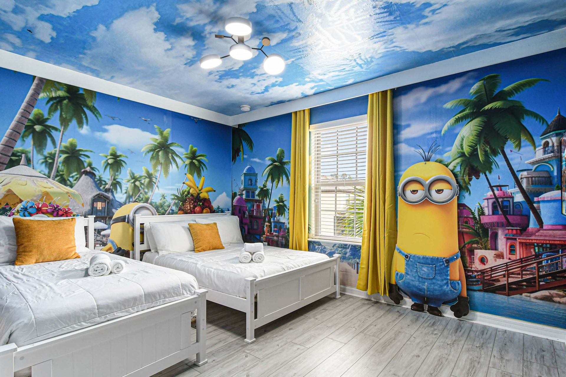 Bright tropical Minions-themed room—fun and cozy for kids!