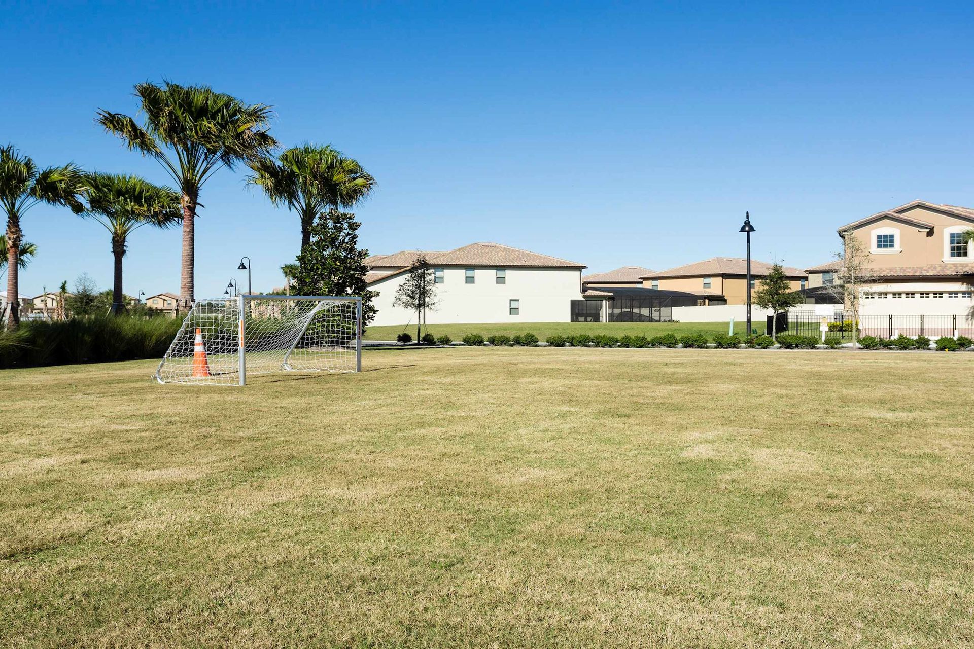 Spacious open field with soccer goals—perfect for outdoor fun!