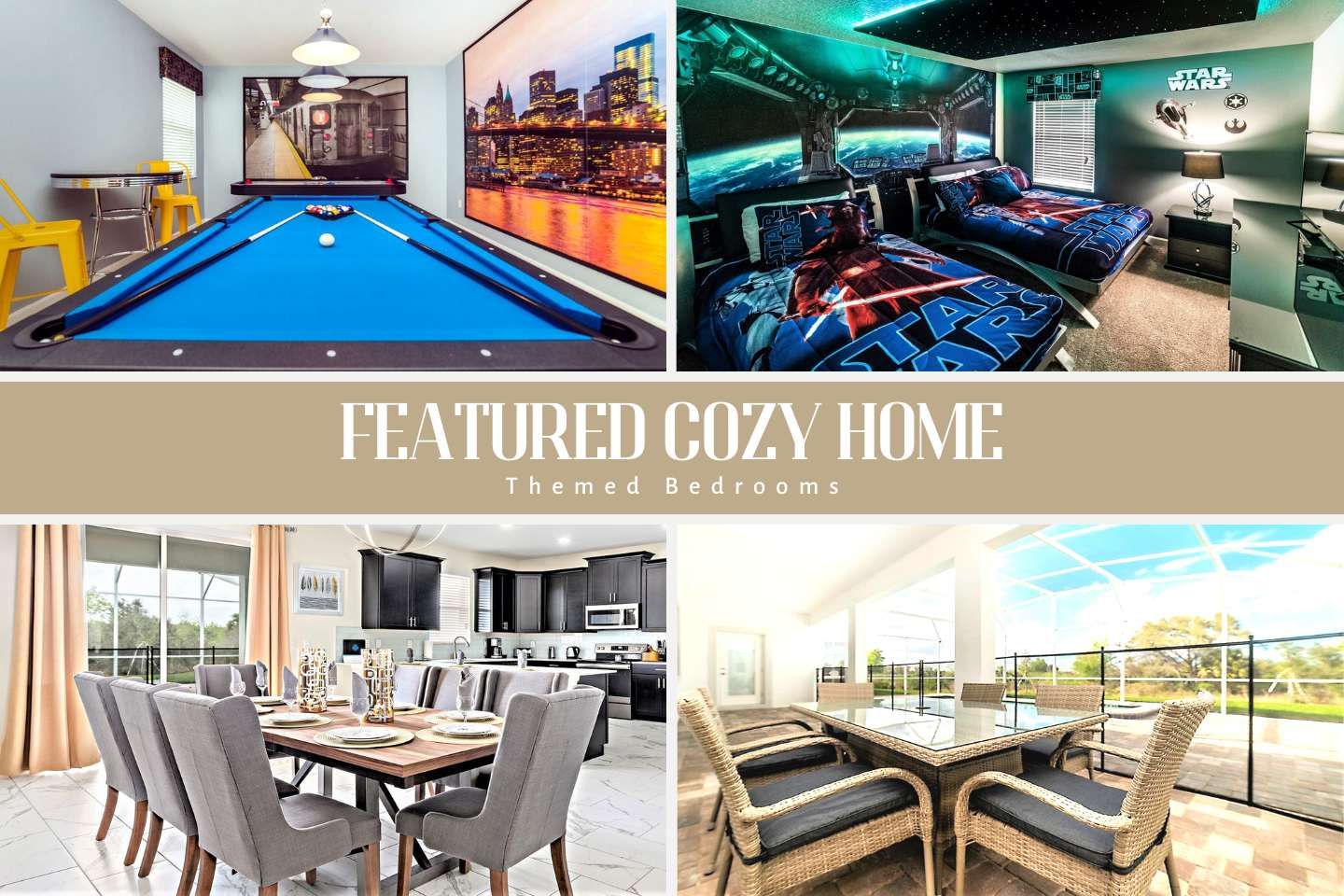 Star Wars-themed bedroom & challenge your friends to a game of pool! This fun house has it all – relaxation & fun!