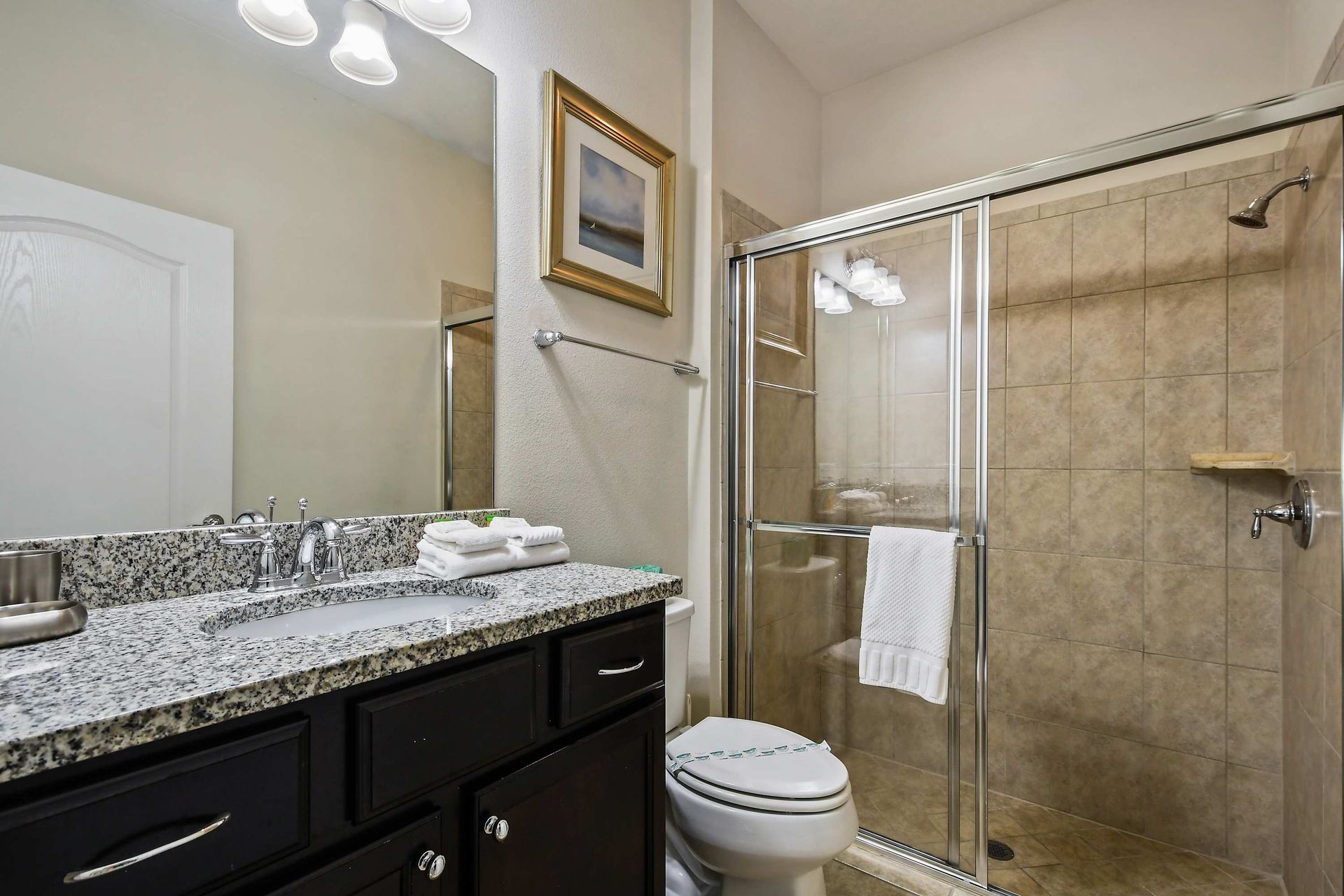 Modern bathroom with granite vanity, tiled shower, and glass enclosure.