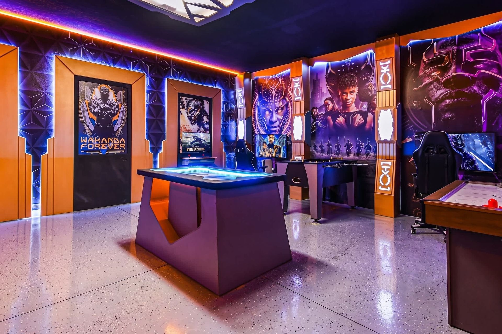 Enjoy playing games in our stylishly furnished Wakanda Forever theme game room