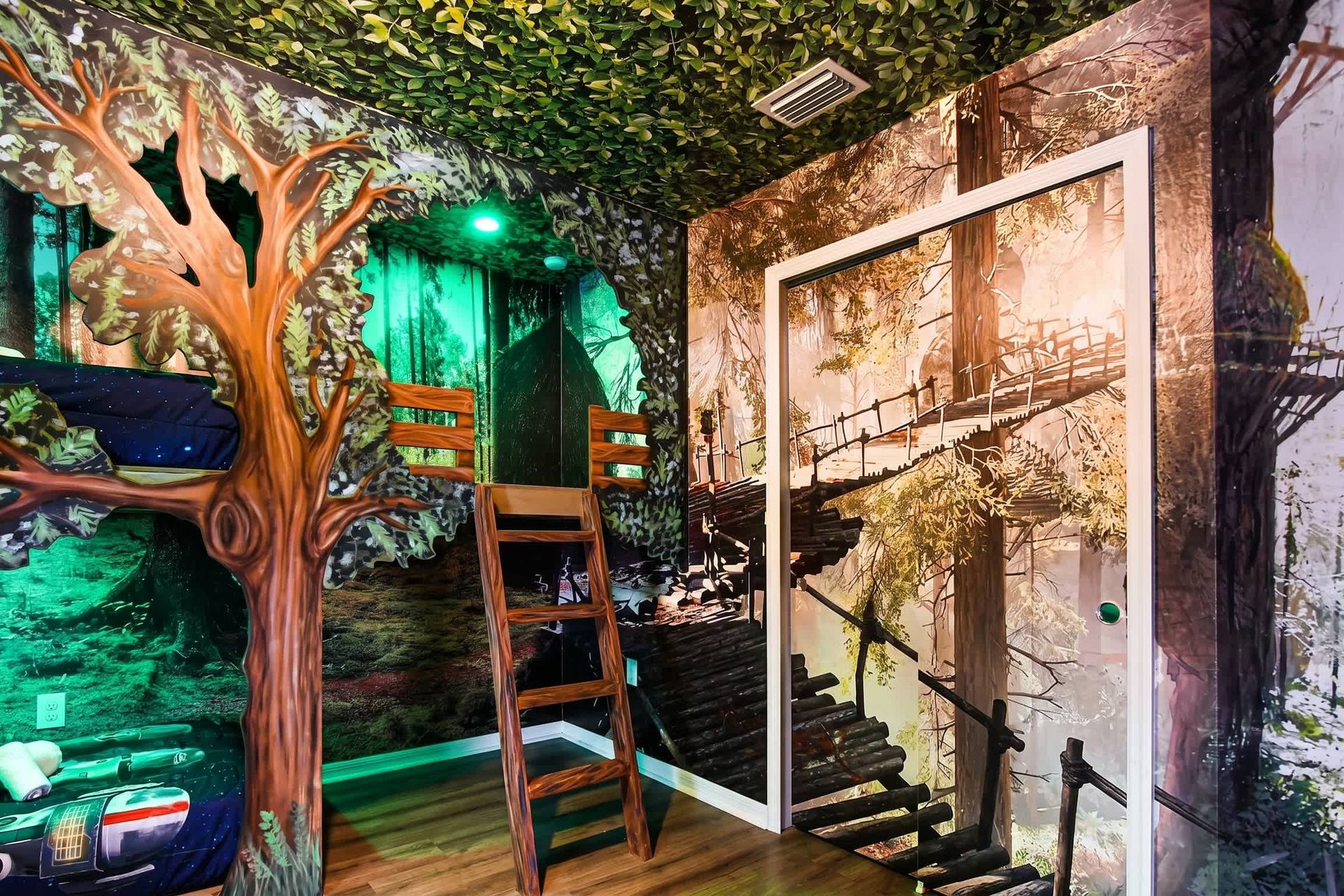 Immersive forest-themed bunk room with treehouse vibes and galactic adventure style.