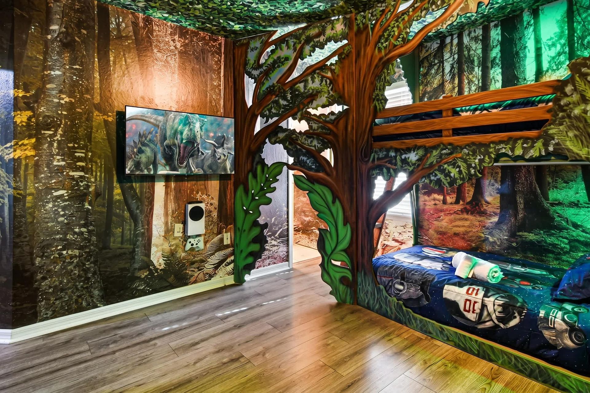Epic treehouse bunk room with forest walls, starry bedding, and dino adventure vibes.