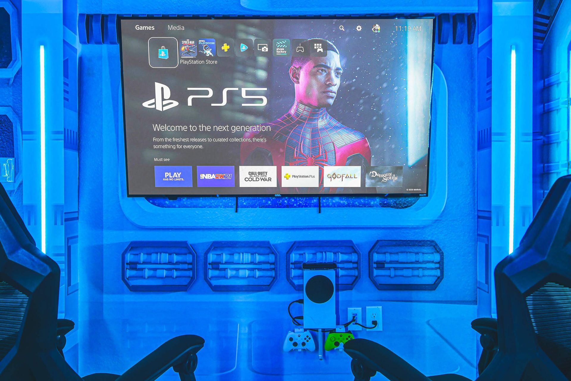 PS5 in space-themed room for a futuristic gaming haven