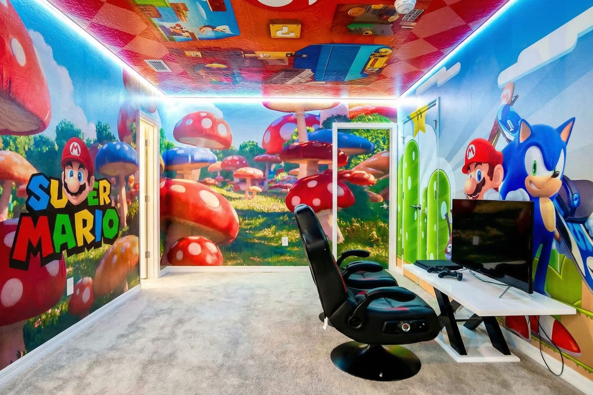 Immersive game zone with themed walls, gaming chairs, and console fun.