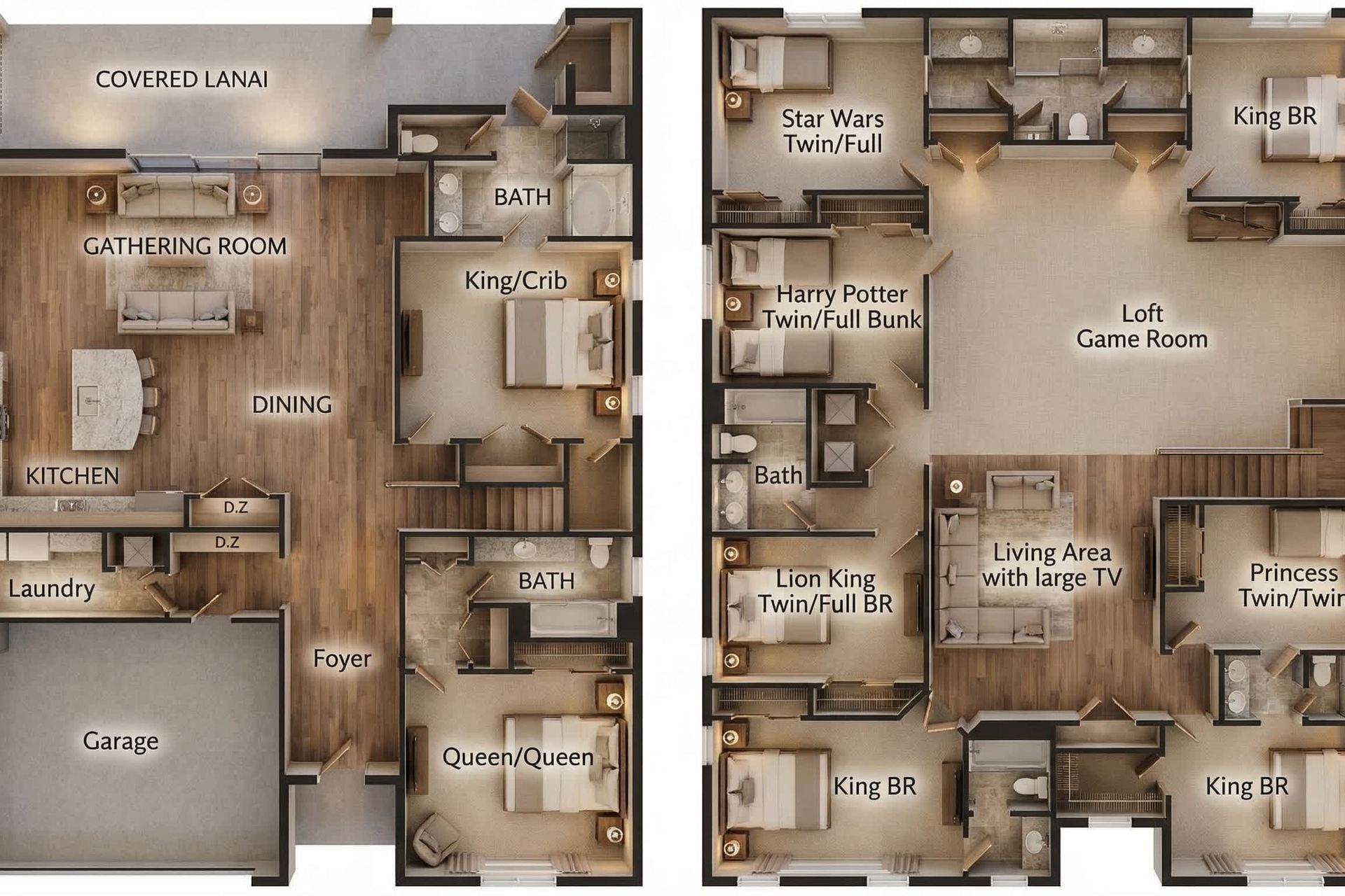 Spacious 7-bedroom layout with themed rooms, loft game area, and open living spaces