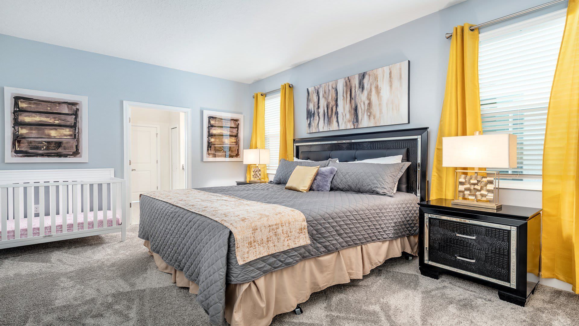 Elegant bedroom, curated accents, luxe bed, high-quality linens.