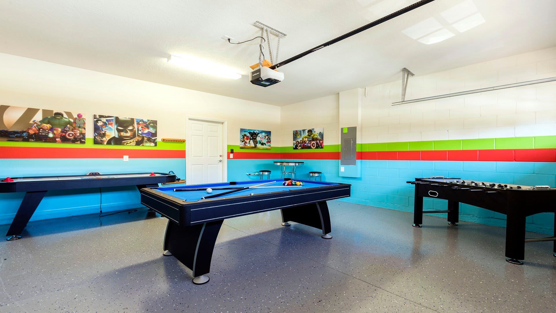 Nostalgic retro-grade game room with ample space.