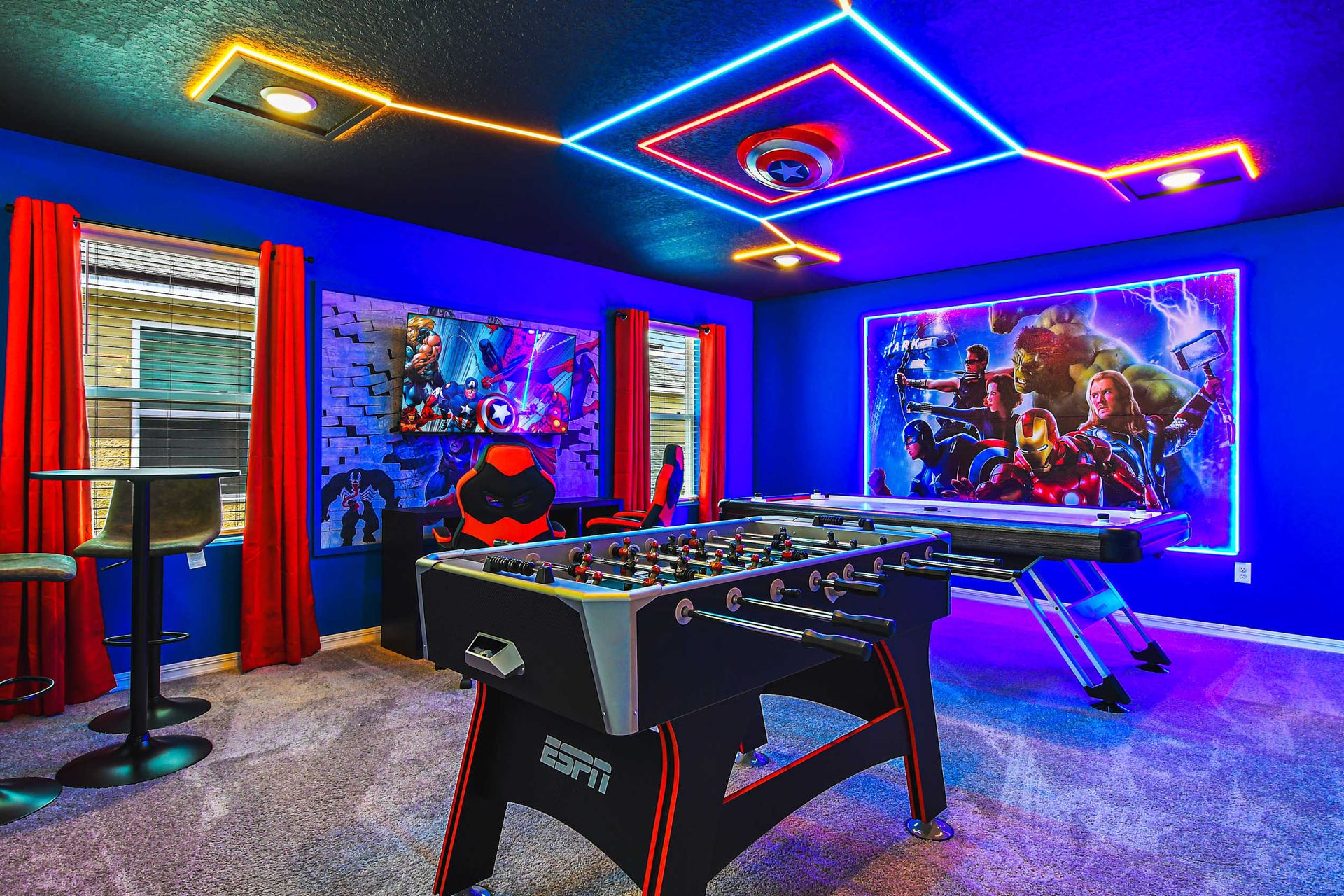The game loft is stylishly furnished with Avengers theme with cool lights.