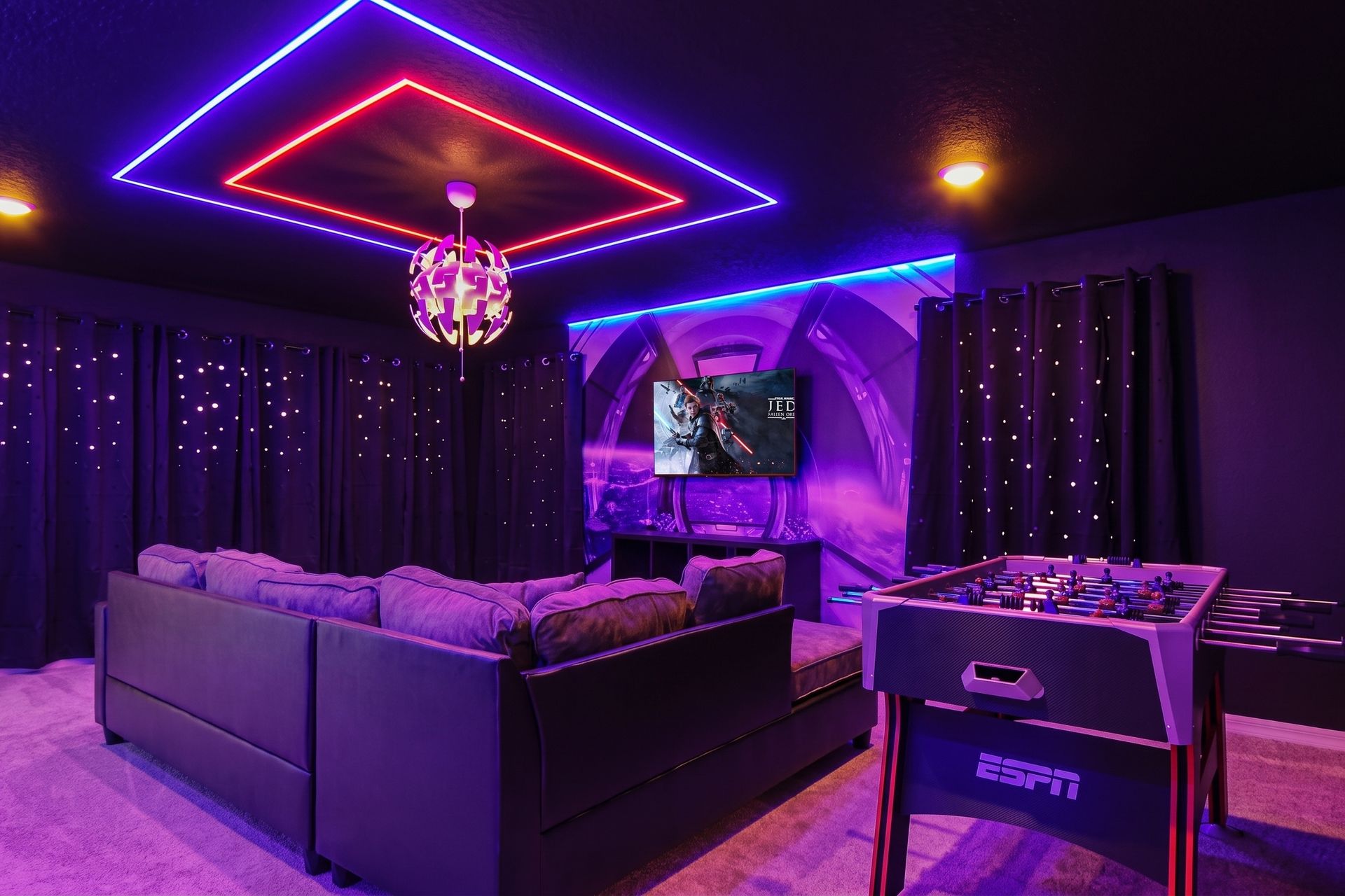 The game loft is stylishly furnished with Star Wars theme with cool lights.
