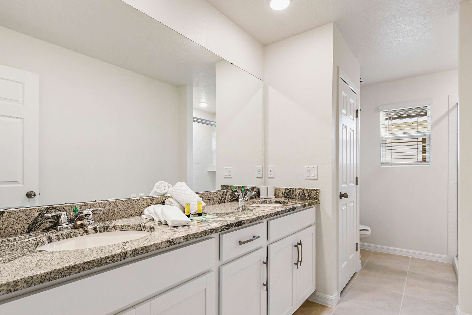 Elegant bathroom with double granite sinks, large mirror, and bright walk-in shower.
