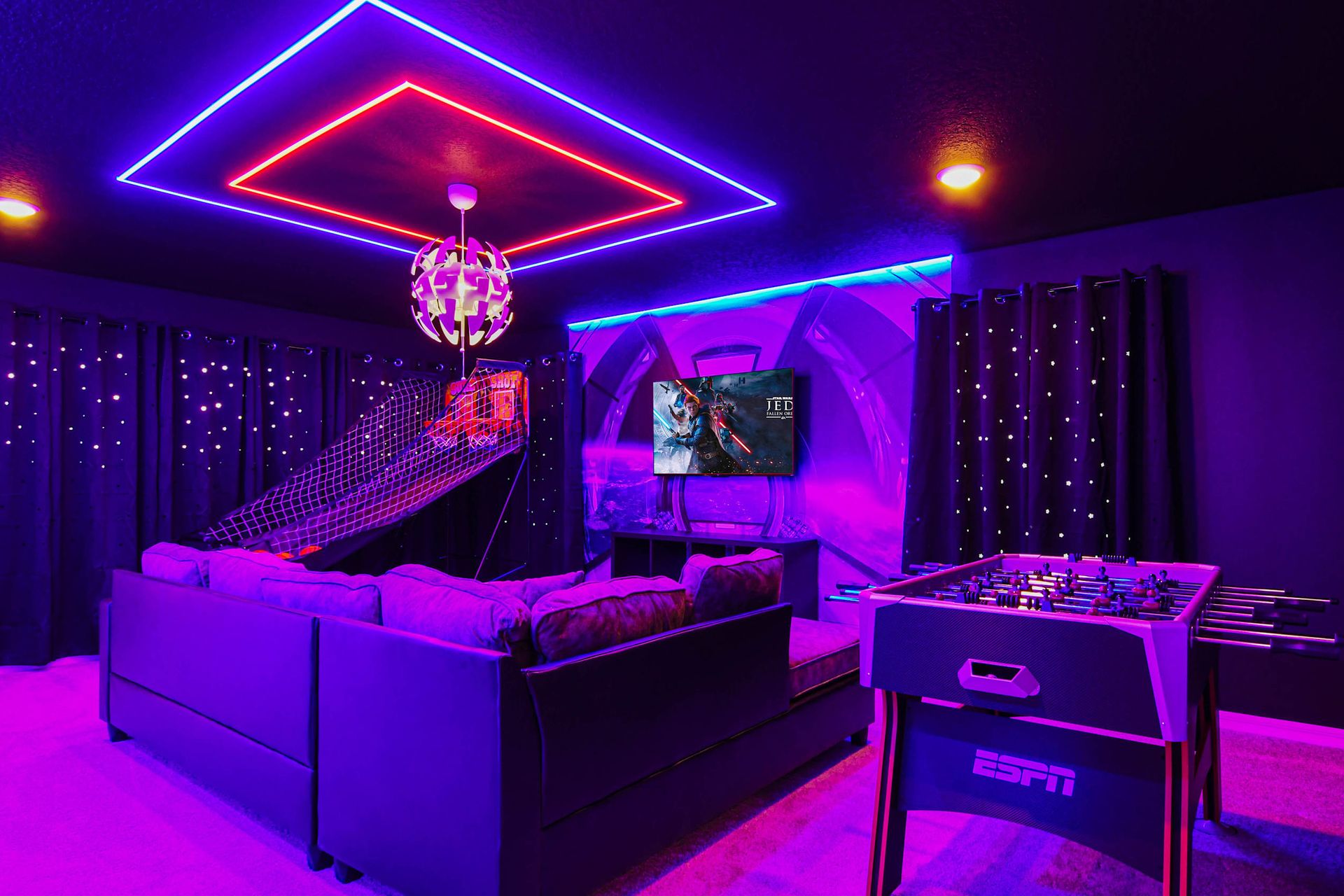 The game loft is stylishly furnished with Star Wars theme with cool lights.