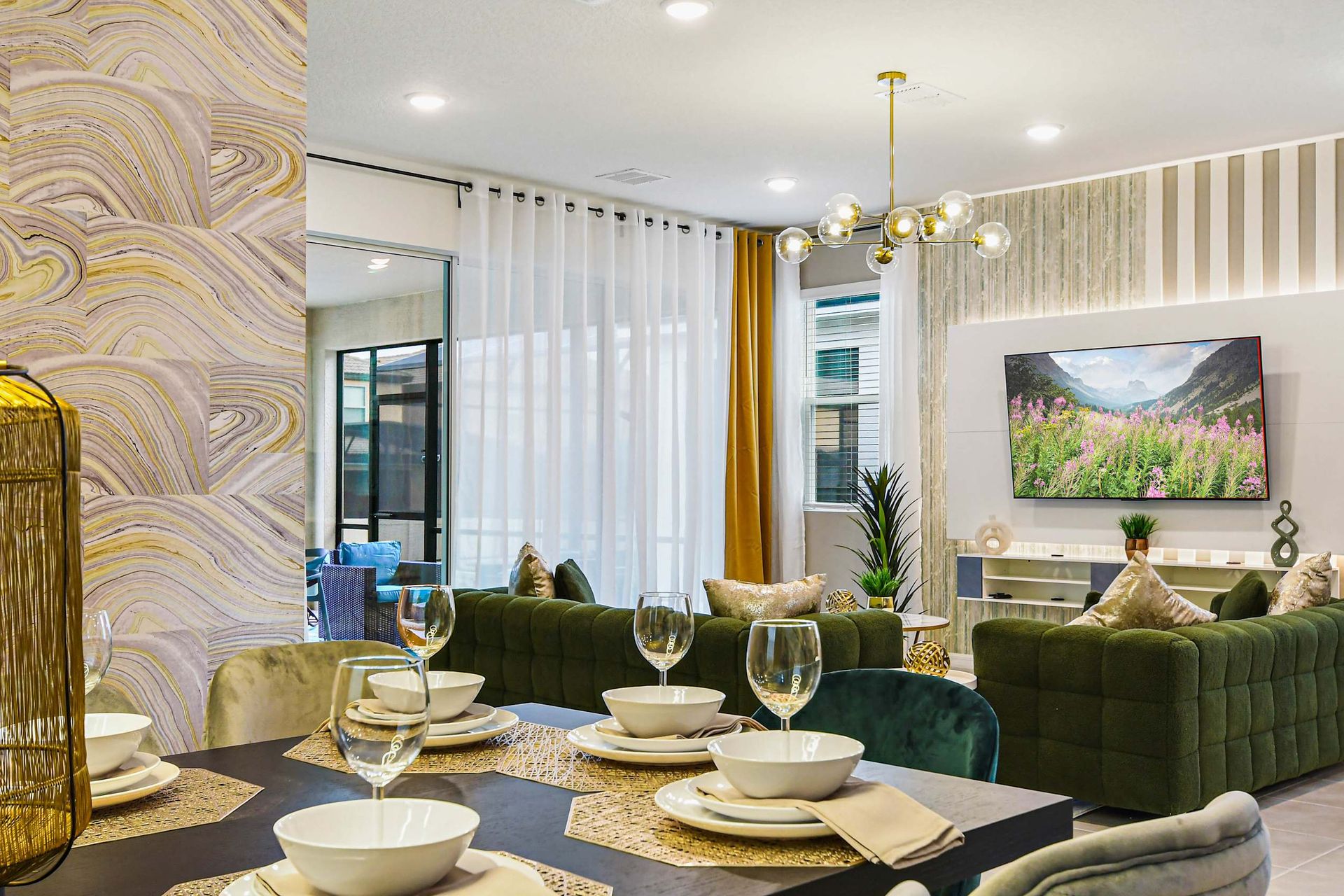 Sophisticated dining and living space with bold textures and luxurious modern design.