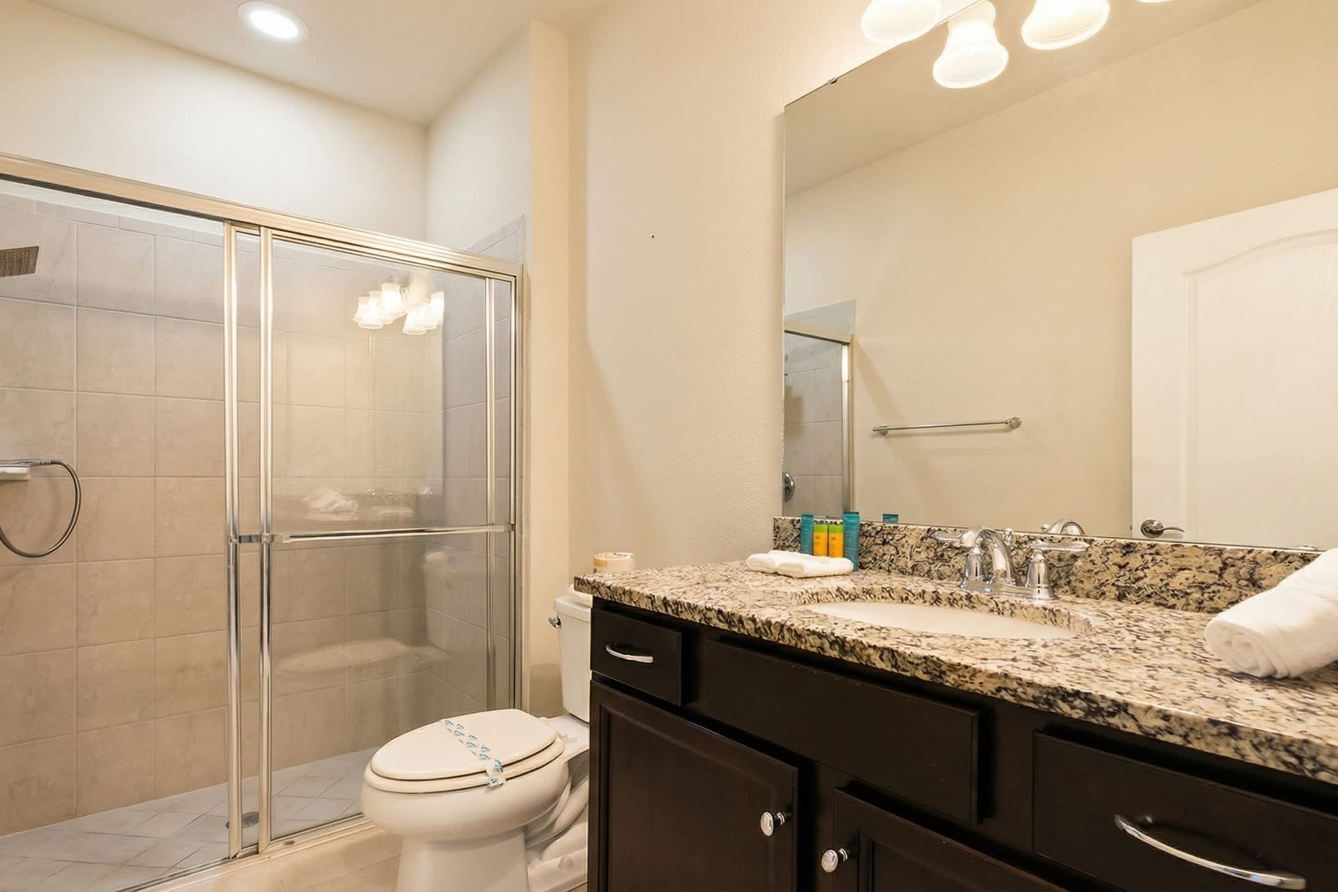 Elegant bathroom featuring a granite countertop, dark wood vanity, and a spacious tiled shower with glass doors. 