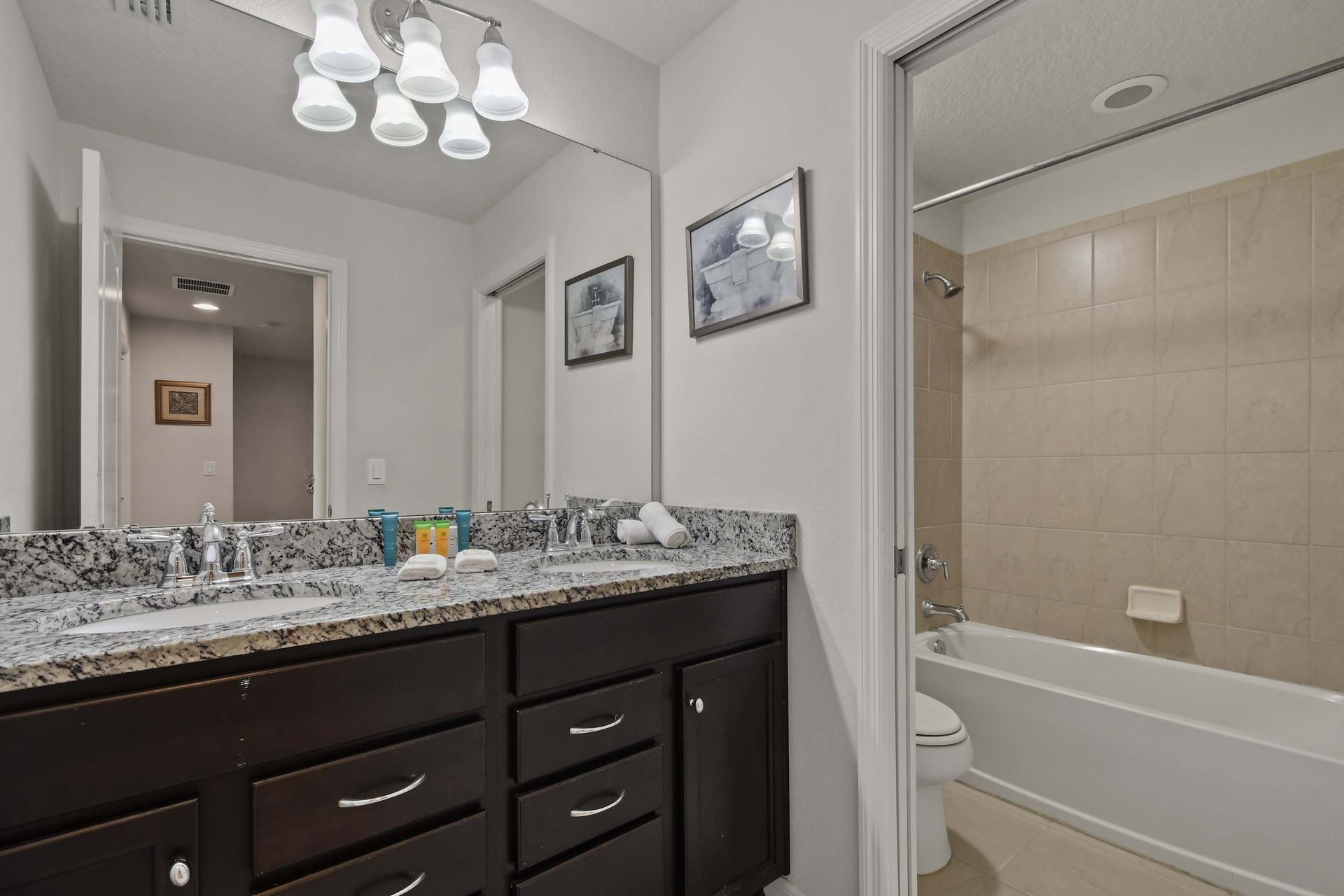 Elegant bathroom with granite double vanity, dark cabinets, and a connected tiled shower-tub combo.