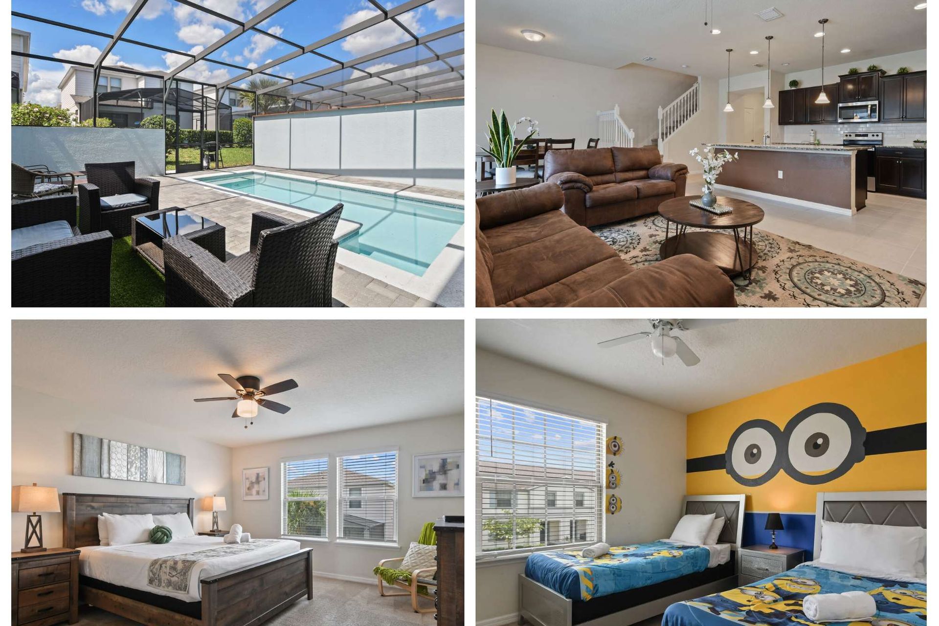 Family-friendly retreat with private pool, cozy living, elegant bedrooms, and fun decor.