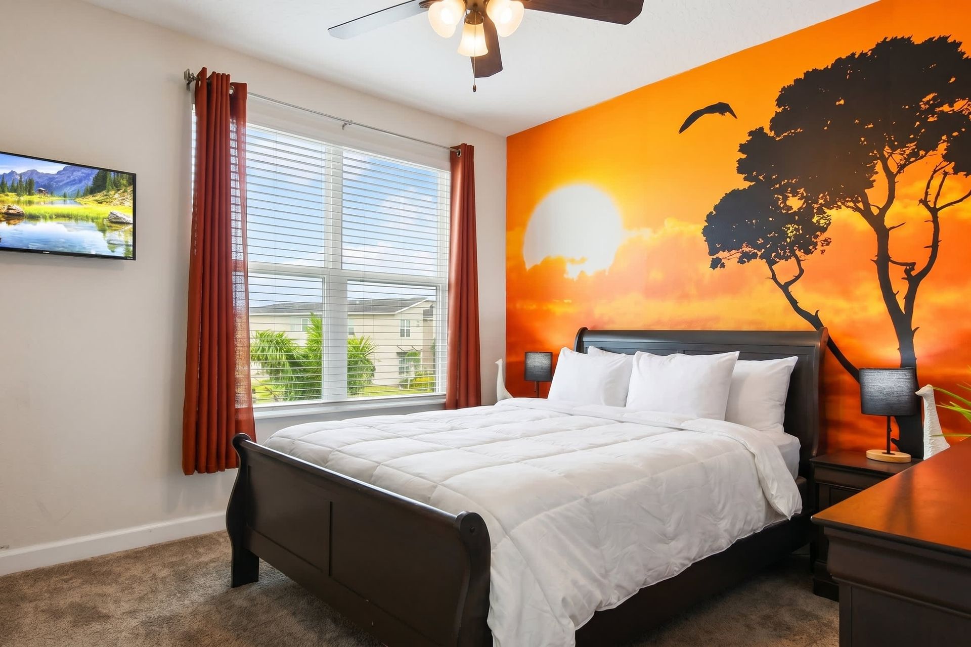 Enjoy a peaceful night's sleep in our charming safari inspired bedroom, offering you comfort and tranquility.
