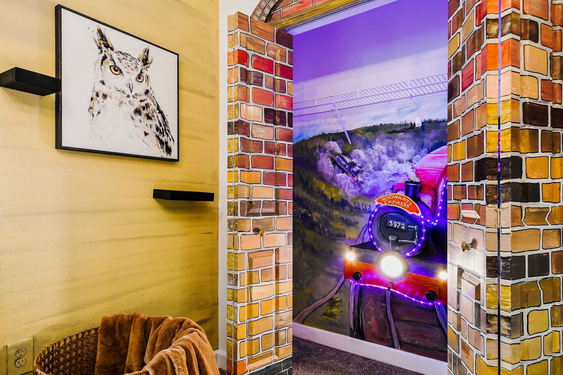 Unwind in our cozy Harry Potter inspired room with three beds, providing you with a peaceful retreat and a restful night's sleep during your stay.