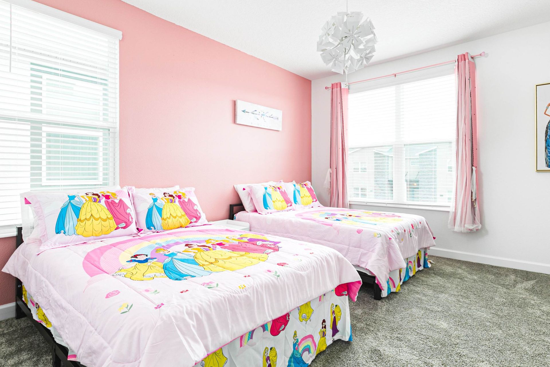 Enjoy a peaceful night's sleep in our charming princess inspired bedroom, offering you comfort and tranquility.