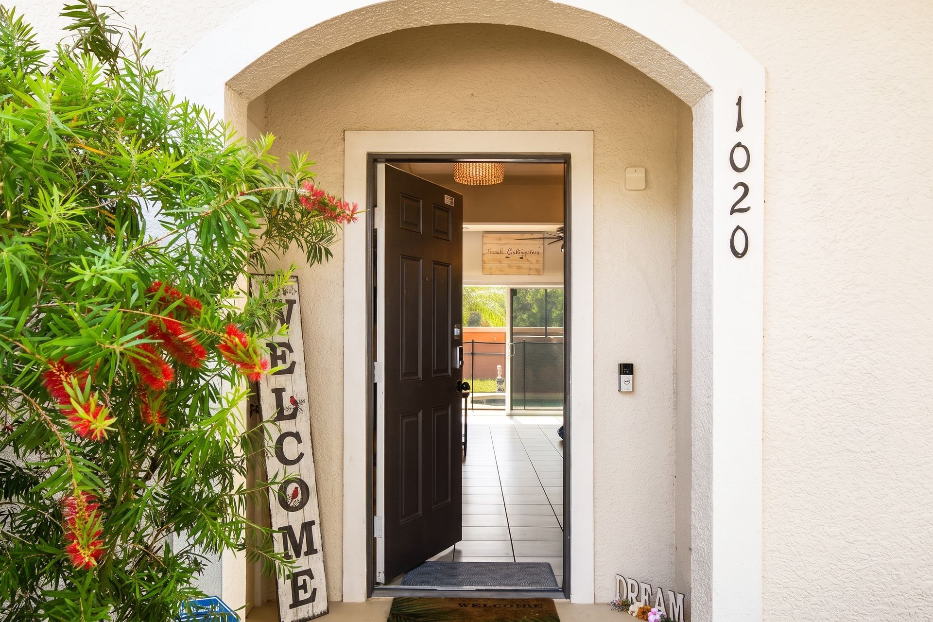 Welcoming entrance with charming decor and a view into your retreat!