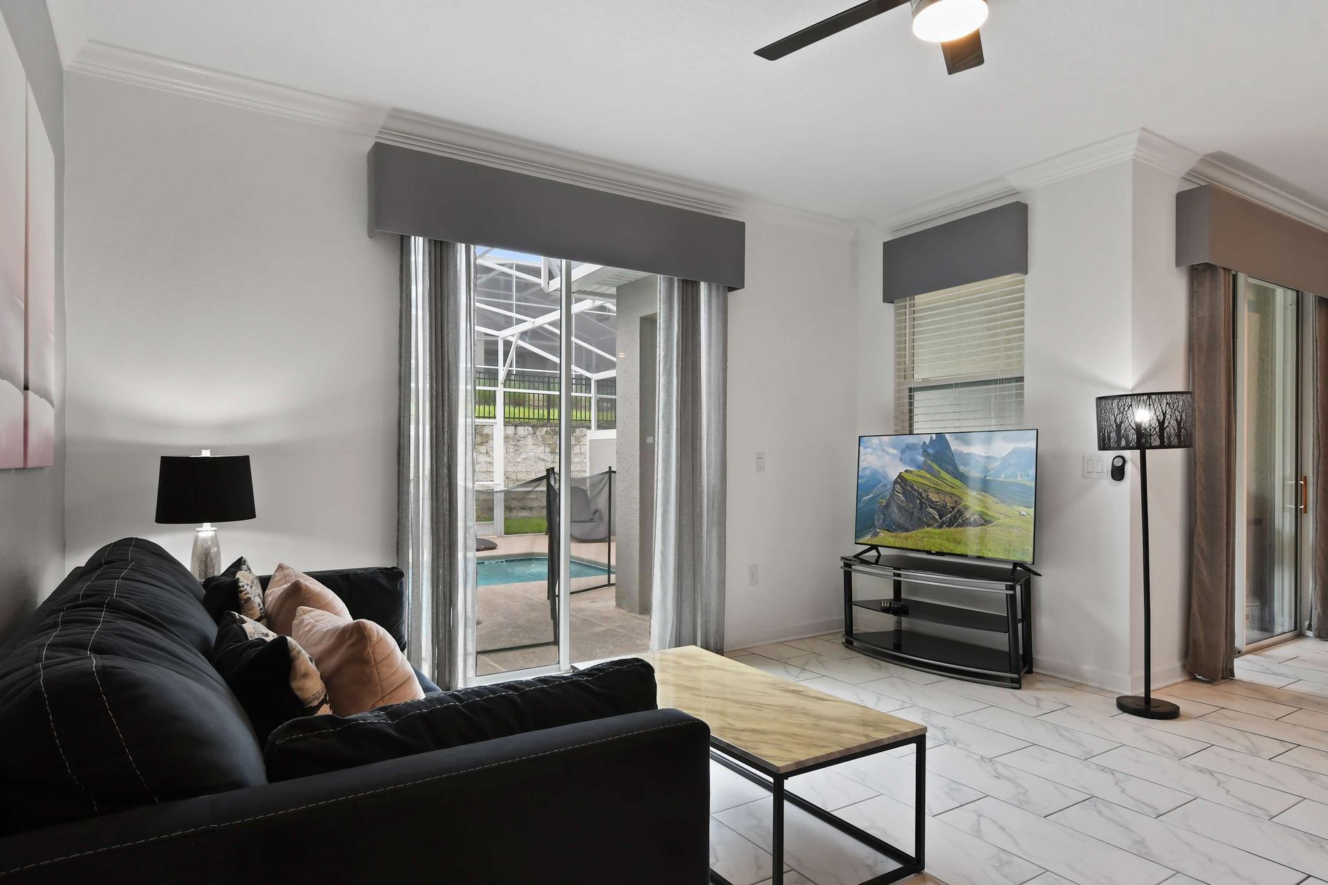 Cozy Living Area w/ Pool View, Smart TV & Stylish Modern Décor!