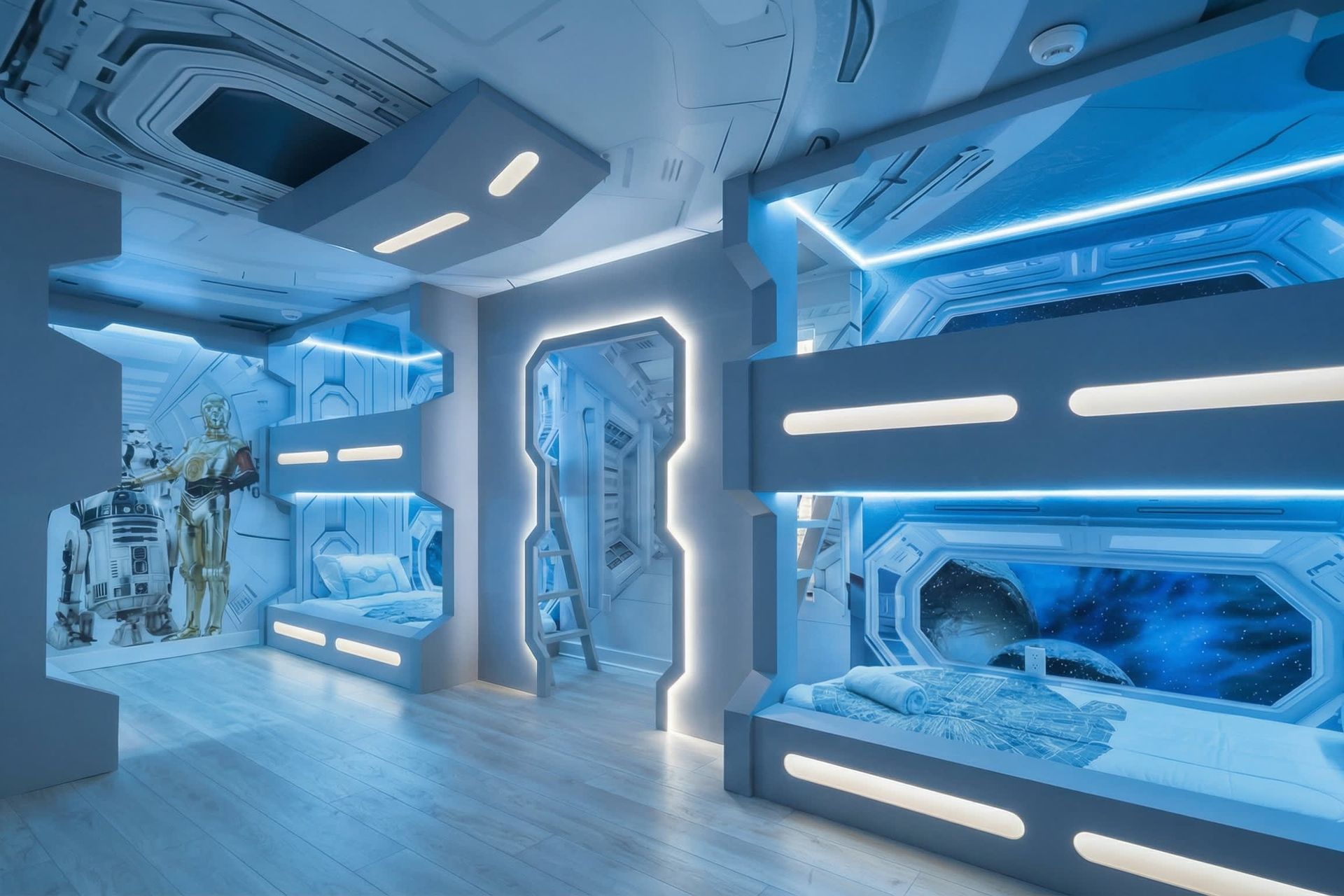Drift into a peaceful sleep in our futuristic Starwars inspired bedroom, ensuring a restful night's sleep during your stay.