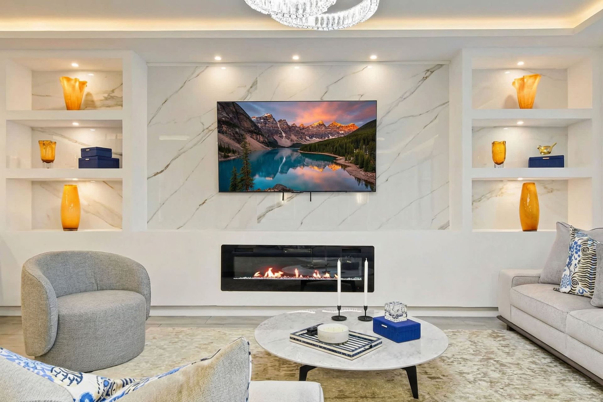 Luxurious modern retreat with elegant décor, a cozy fireplace, and stylish touches.