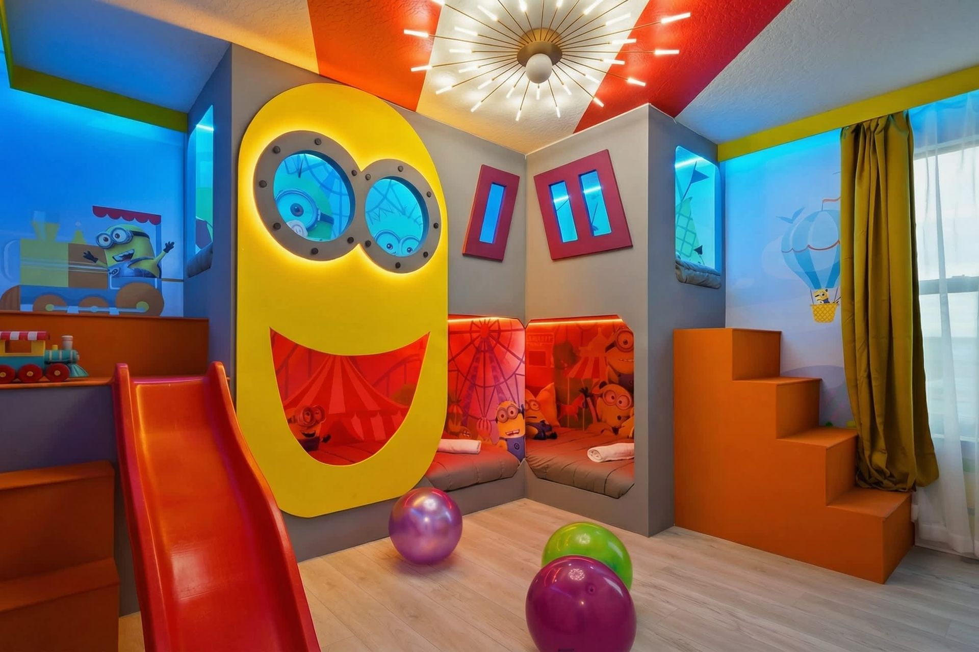 Relax and rejuvenate in our inviting Minions inspired bedroom, providing you with a comfortable retreat after a day of adventure.