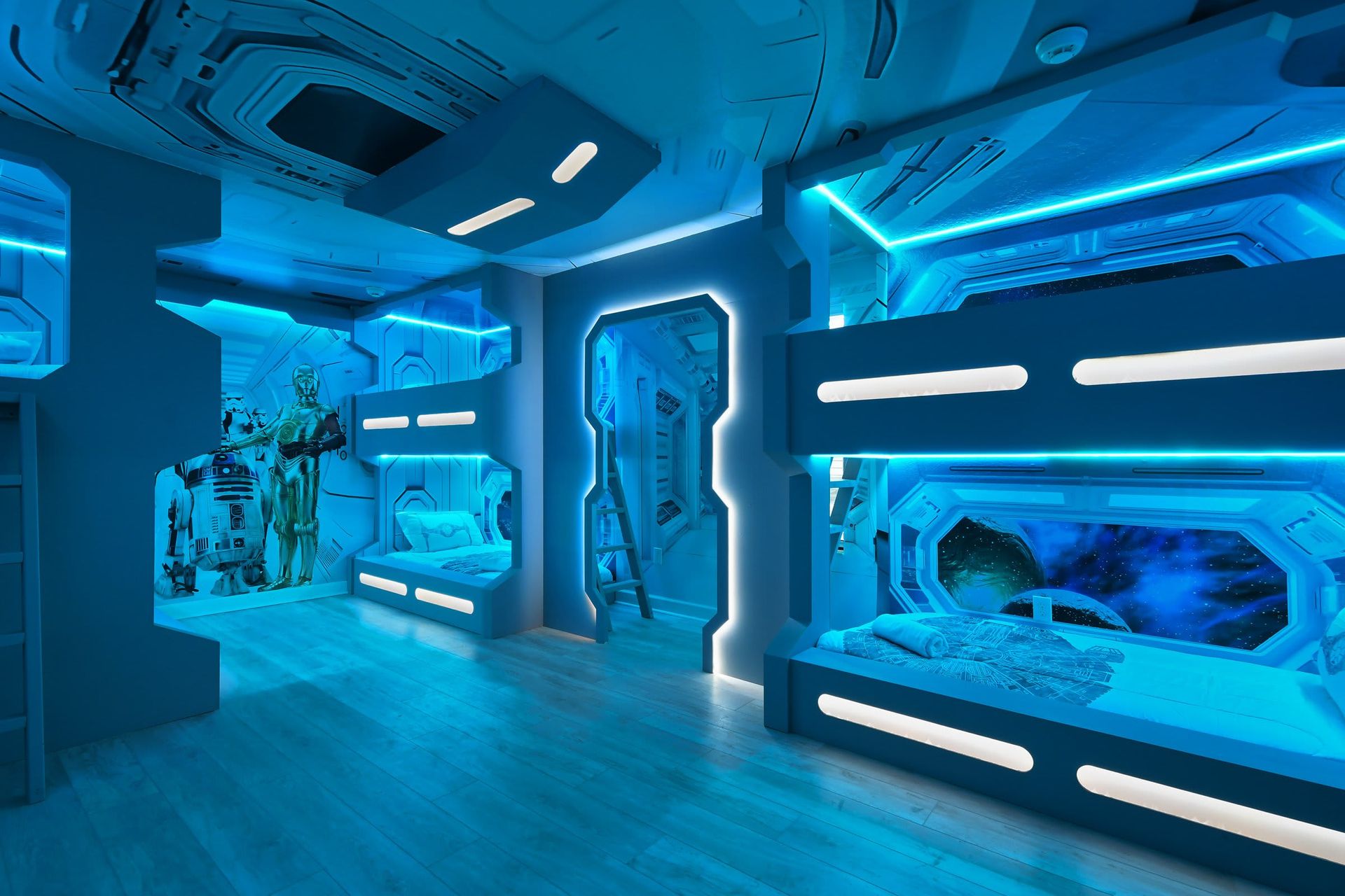 Drift into a peaceful sleep in our futuristic Starwars inspired bedroom, ensuring a restful night's sleep during your stay.