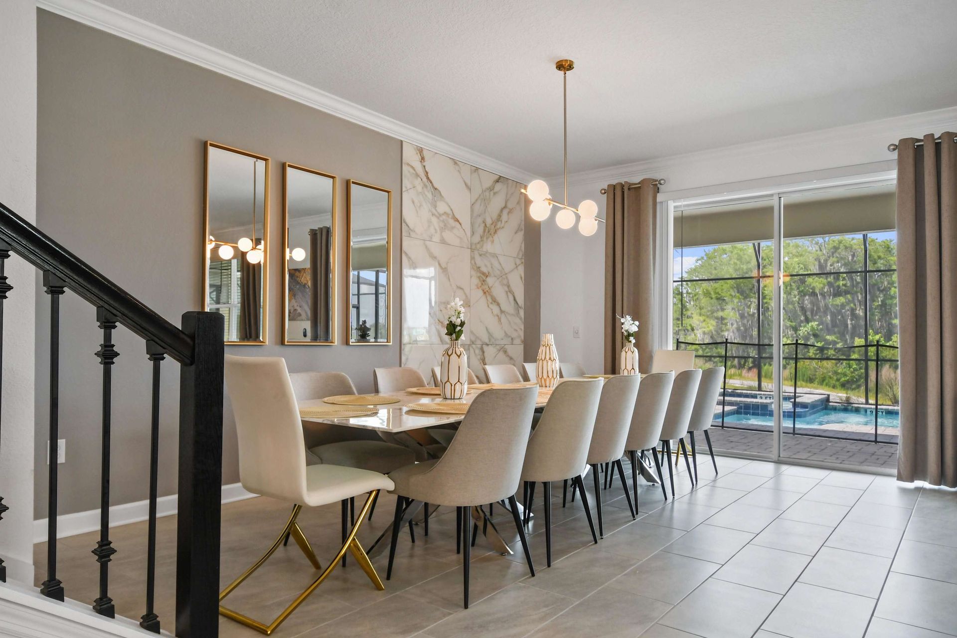 Luxury dining with pool views. Elegant decor, modern lighting, and spacious seating.