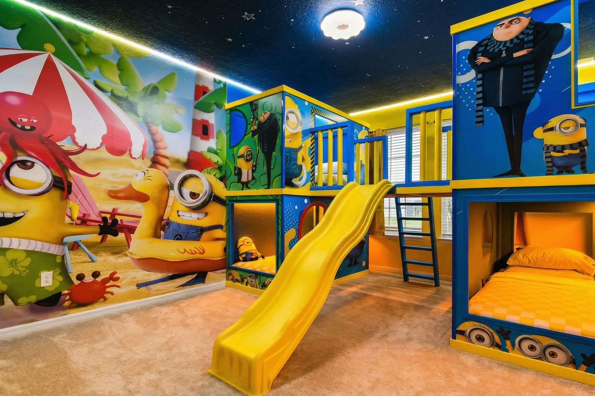 Minion-themed bunk room with slides, murals, and built-in beds for nonstop fun.