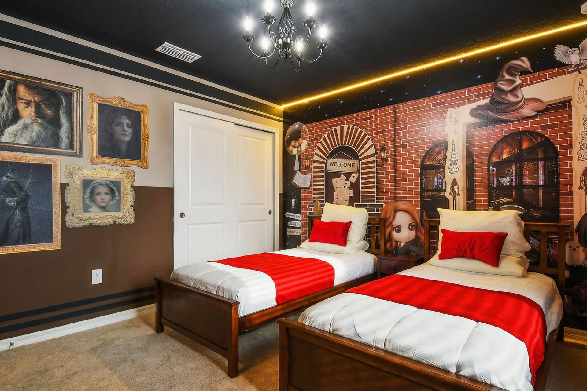 Spellbinding twin room with enchanting Hogwarts mural and magical charm.