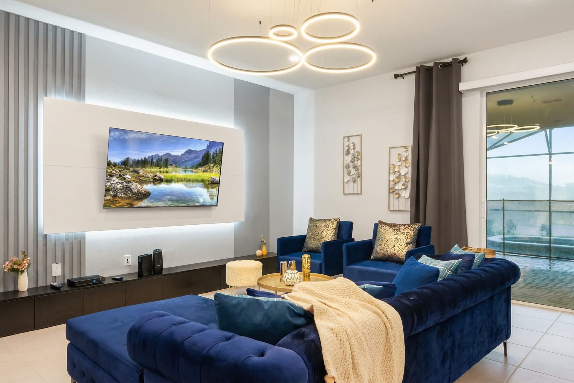 Modern living room, stylish decor, plush seating, ideal for relaxing evenings.