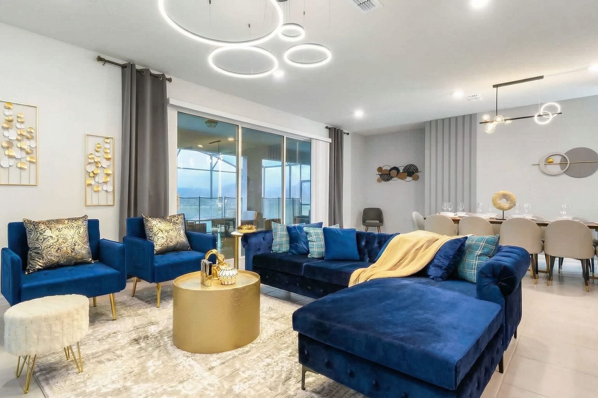 Luxurious open-space lounge and dining area, stylishly designed for gatherings.