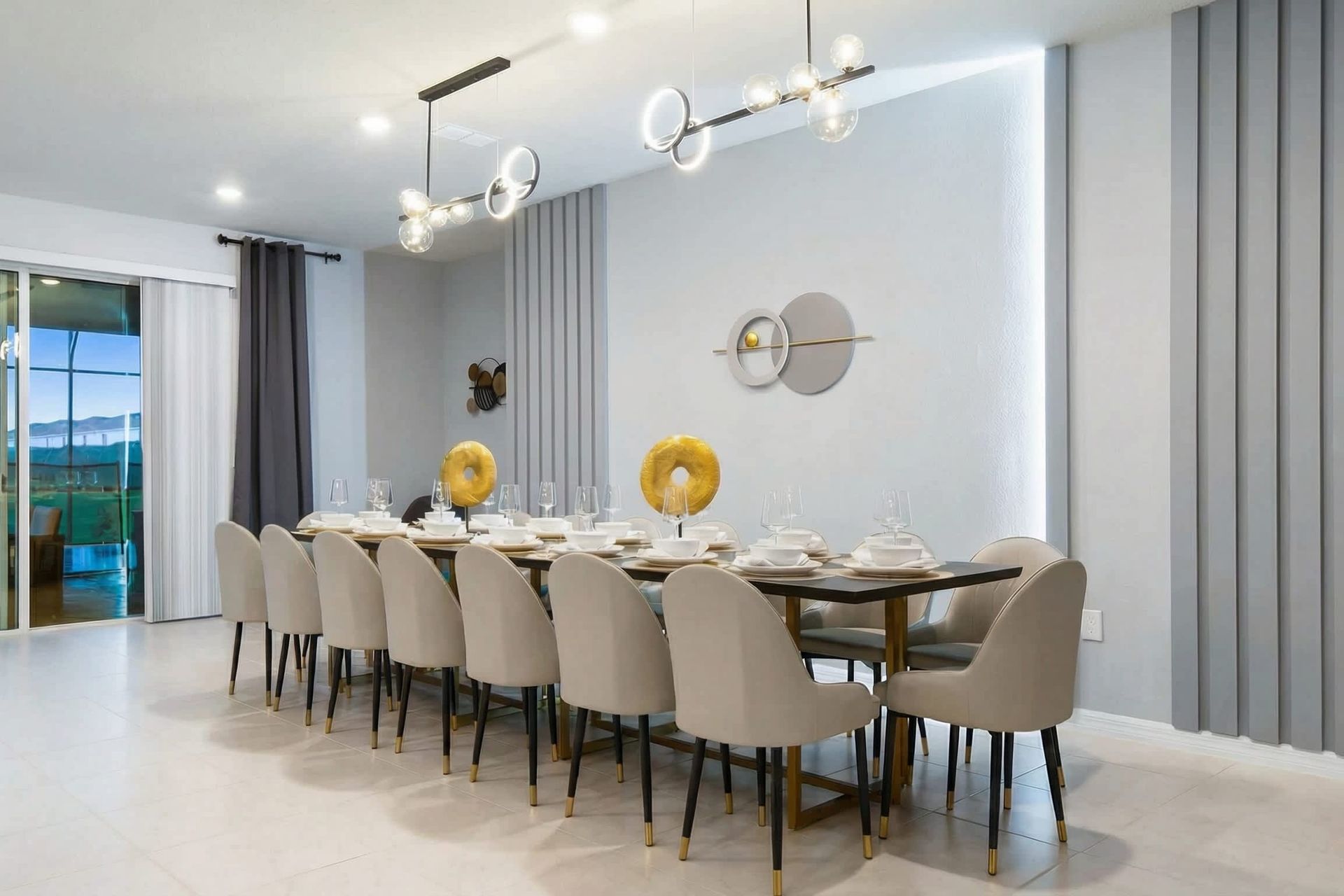 Dine elegantly in a chic, modern space featuring luxe seating and sleek décor.