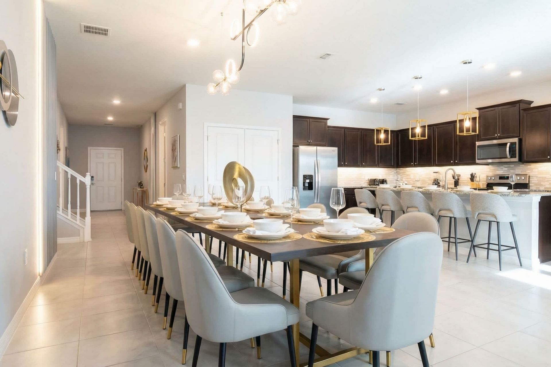 Sophisticated dining area with luxurious seating for large gatherings and events.