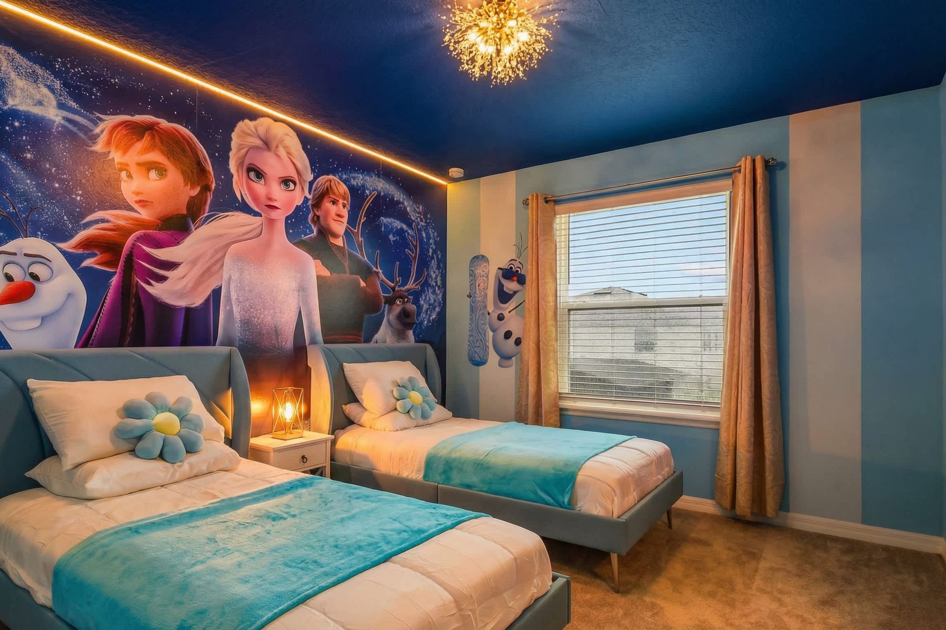 Dreamy Frozen-themed bedroom, glowing lights, twin beds, perfect magical retreat.
