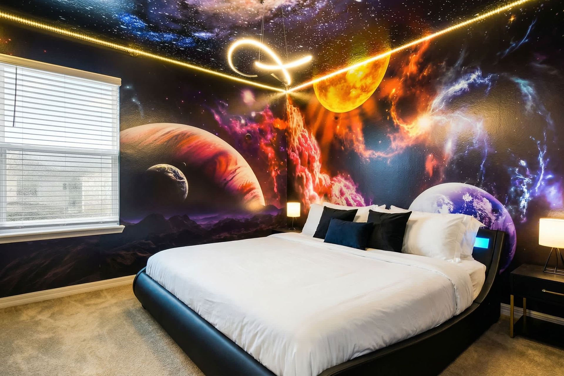 Sleep among the stars in this stunning galaxy-themed bedroom escape.