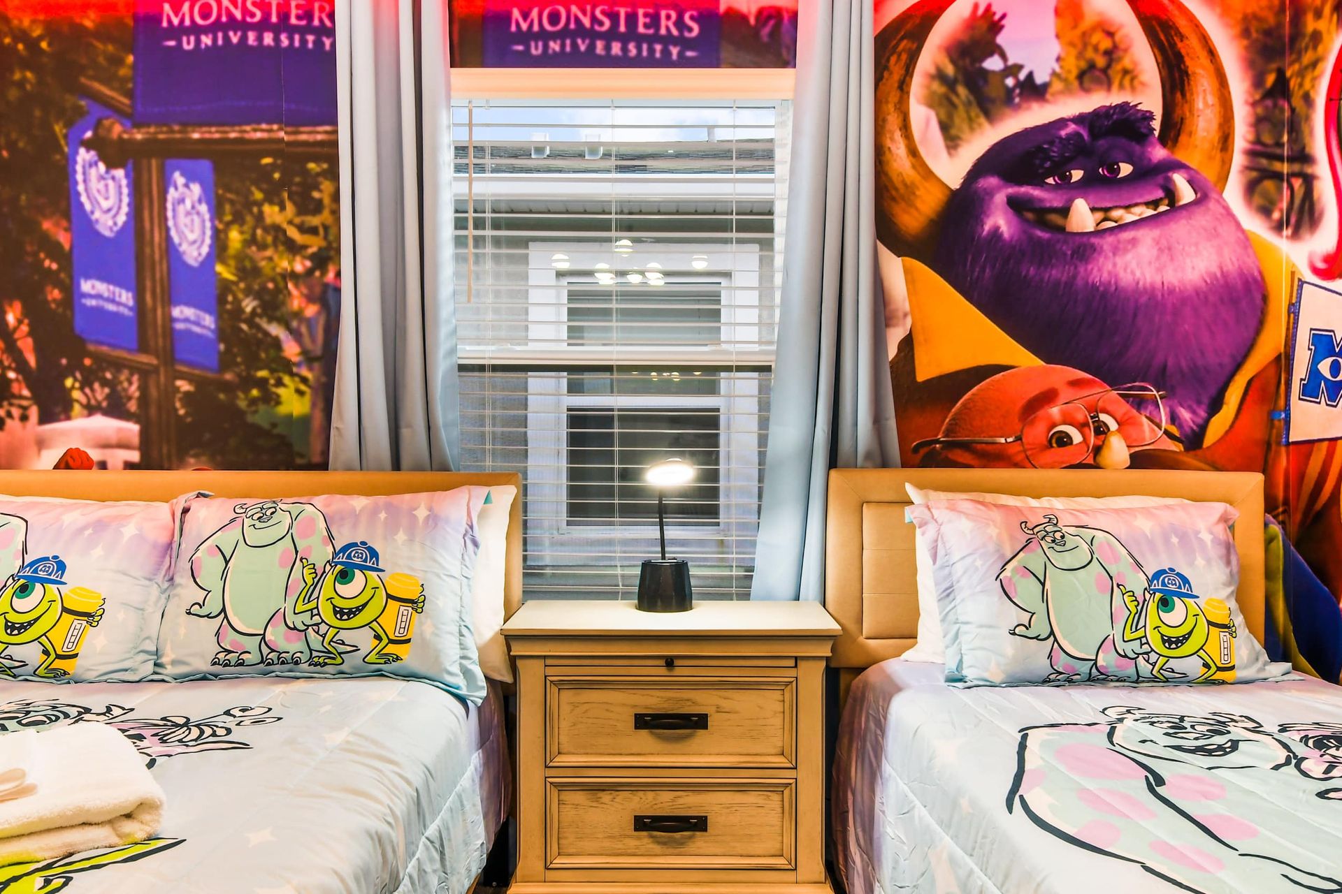 Exciting Monsters Inc. bedroom for kids with delightful lights, ensuring a whimsical and fun-filled atmosphere