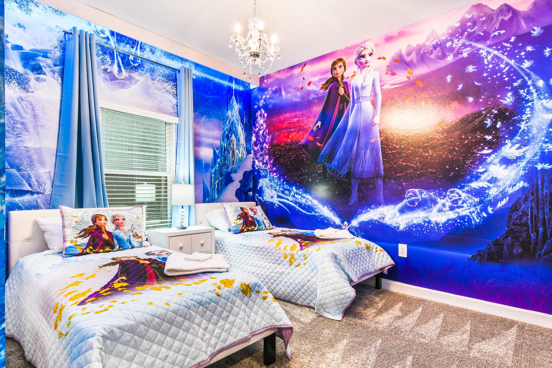 Whimsical Frozen-themed room for kids, adorned with enchanting lights for added delight