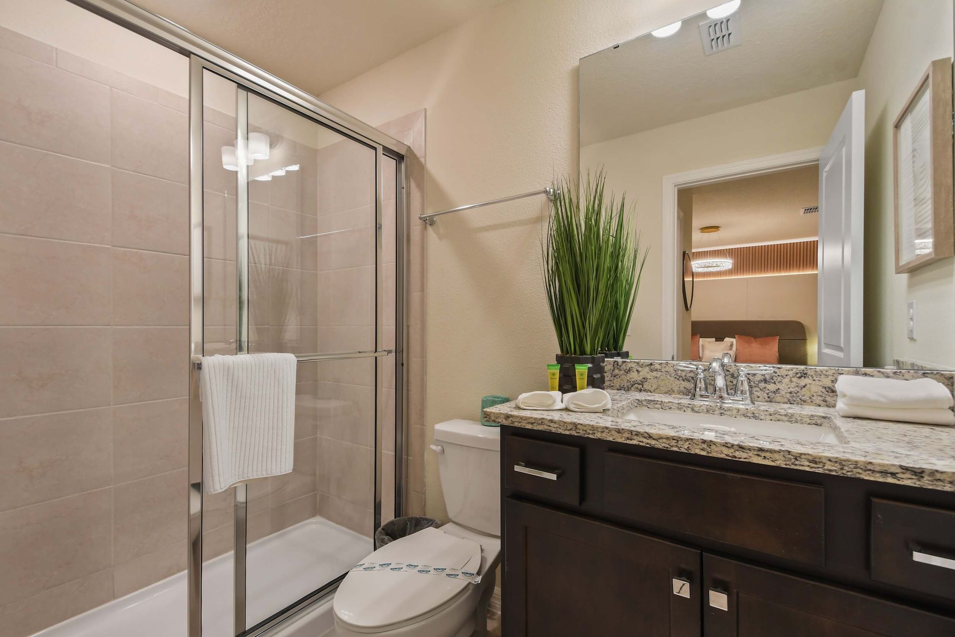 Bright bathroom with granite countertop, tiled shower, and natural light.