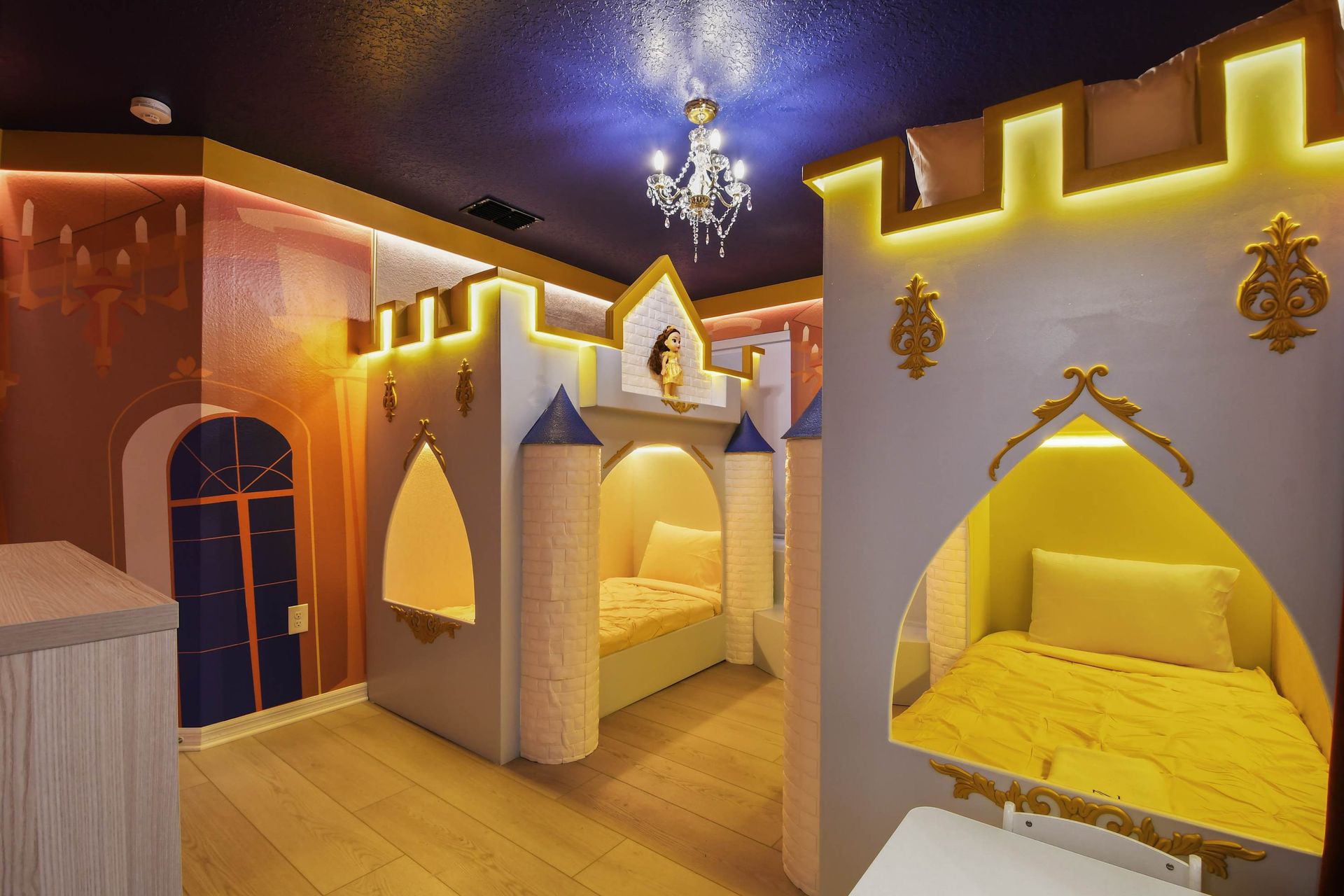 Fairy-tale castle bedroom with enchanting details and cozy beds!