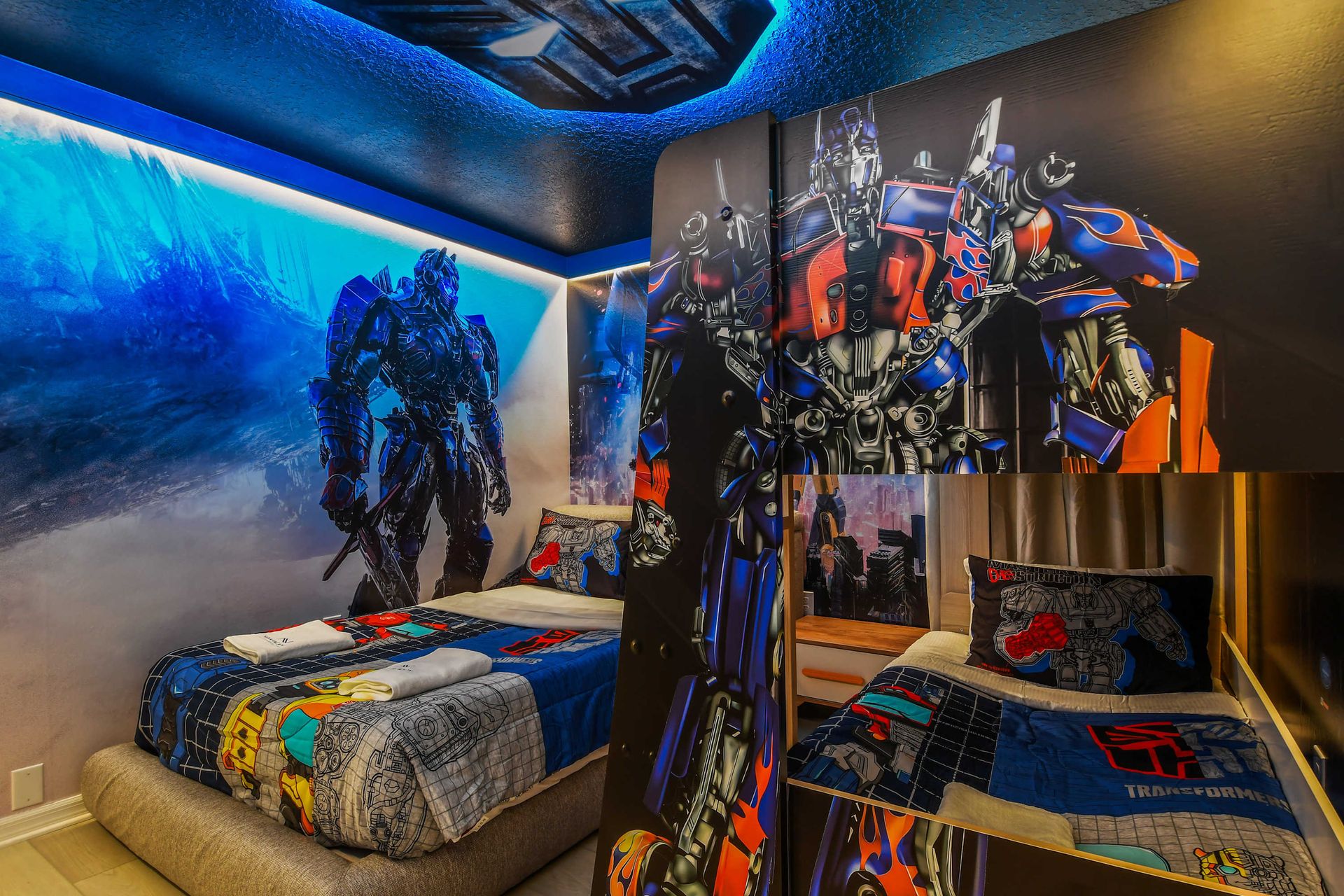 Epic Transformers retreat with glowing walls and themed twin beds!