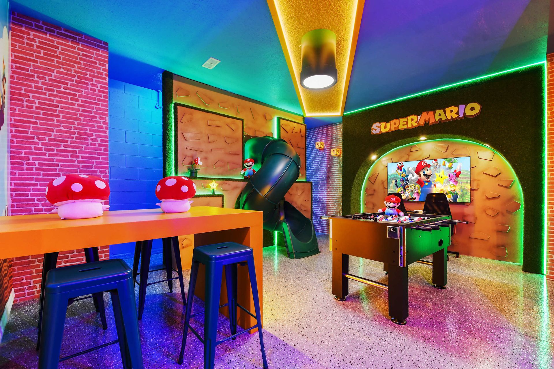 Immersive Super Mario-themed room with games, slides, and fun!