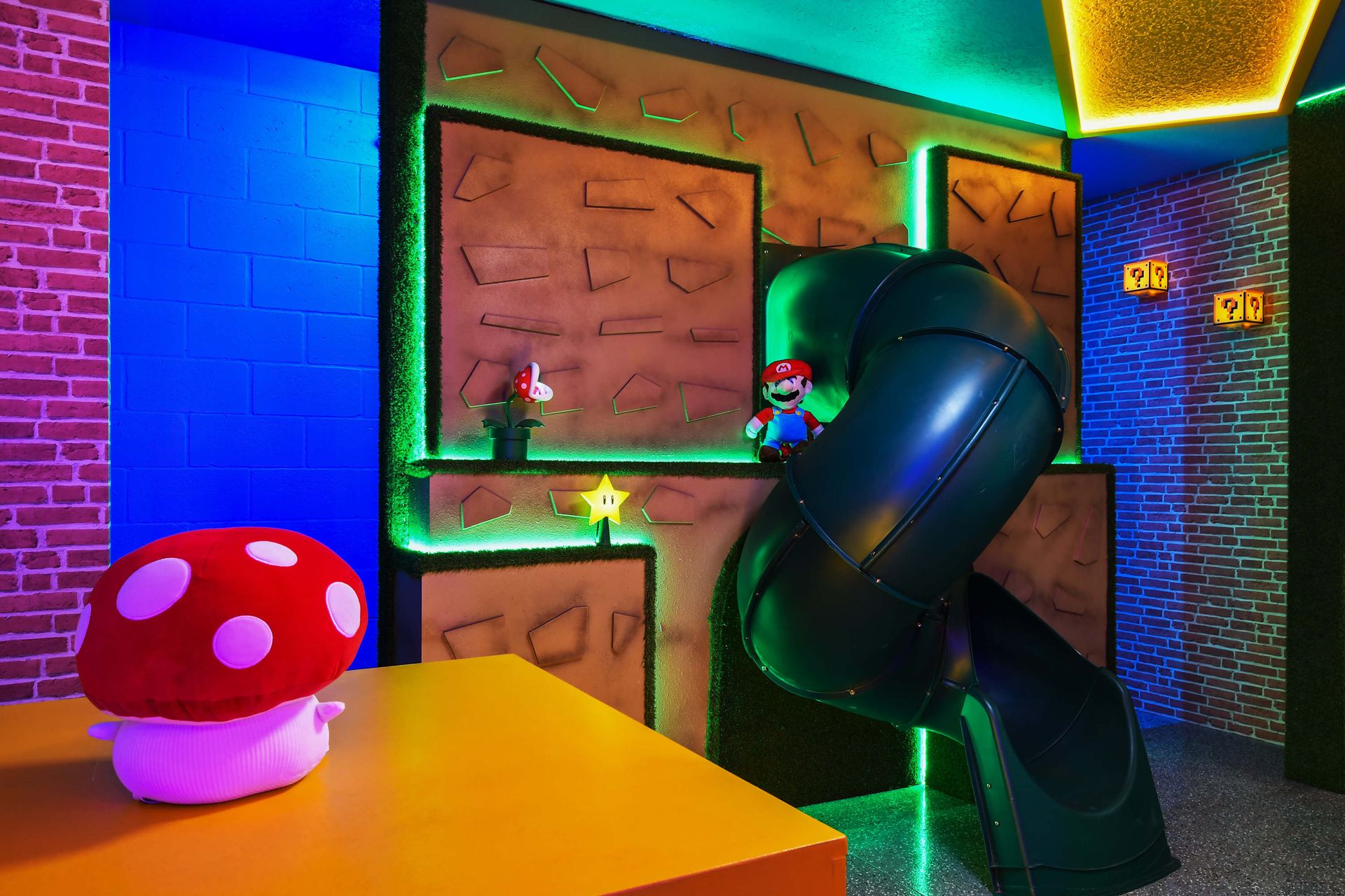 Super Mario playroom with slide, fun props, and vibrant design!