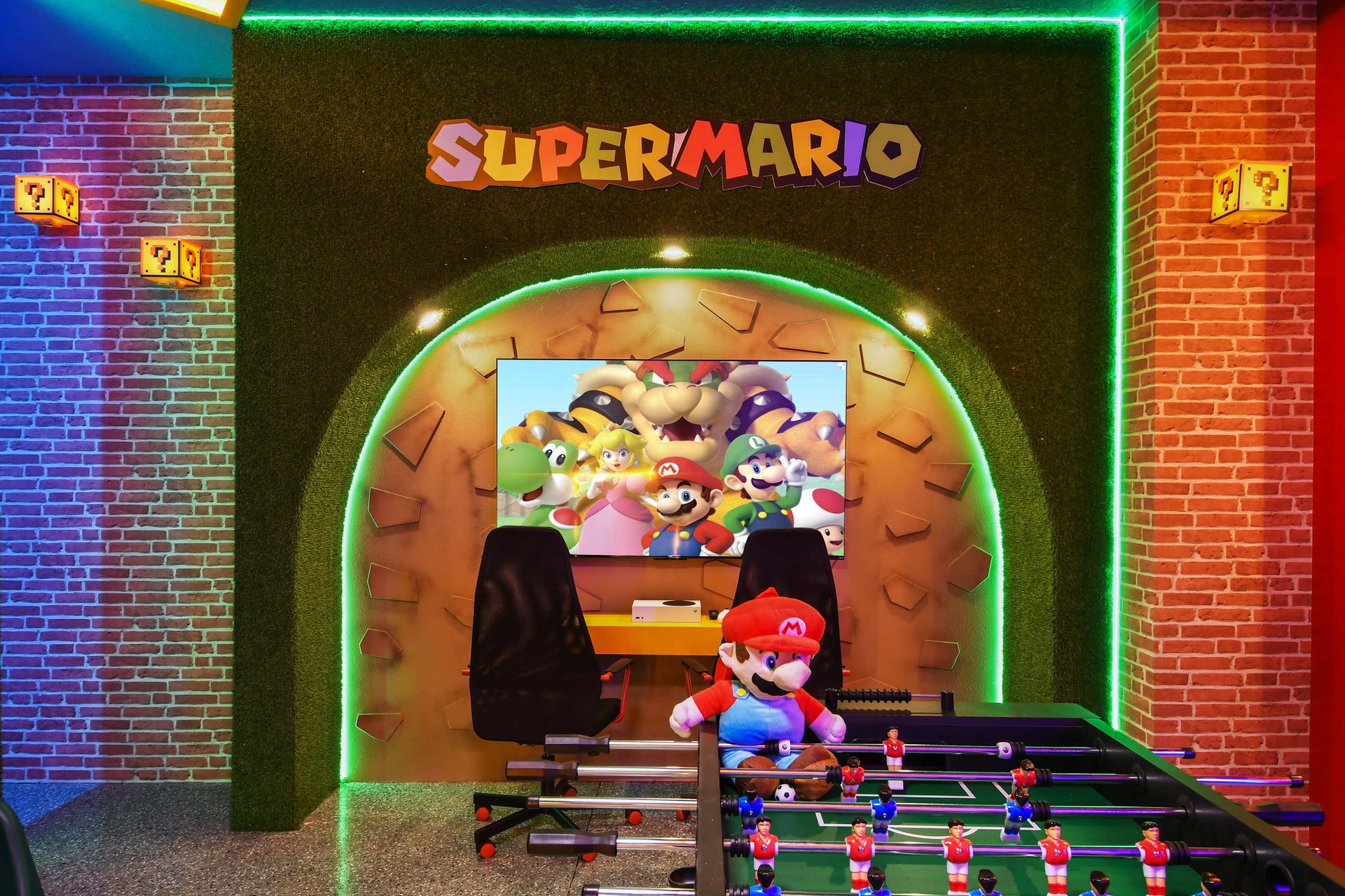 Super Mario gaming station with vibrant decor and endless fun!