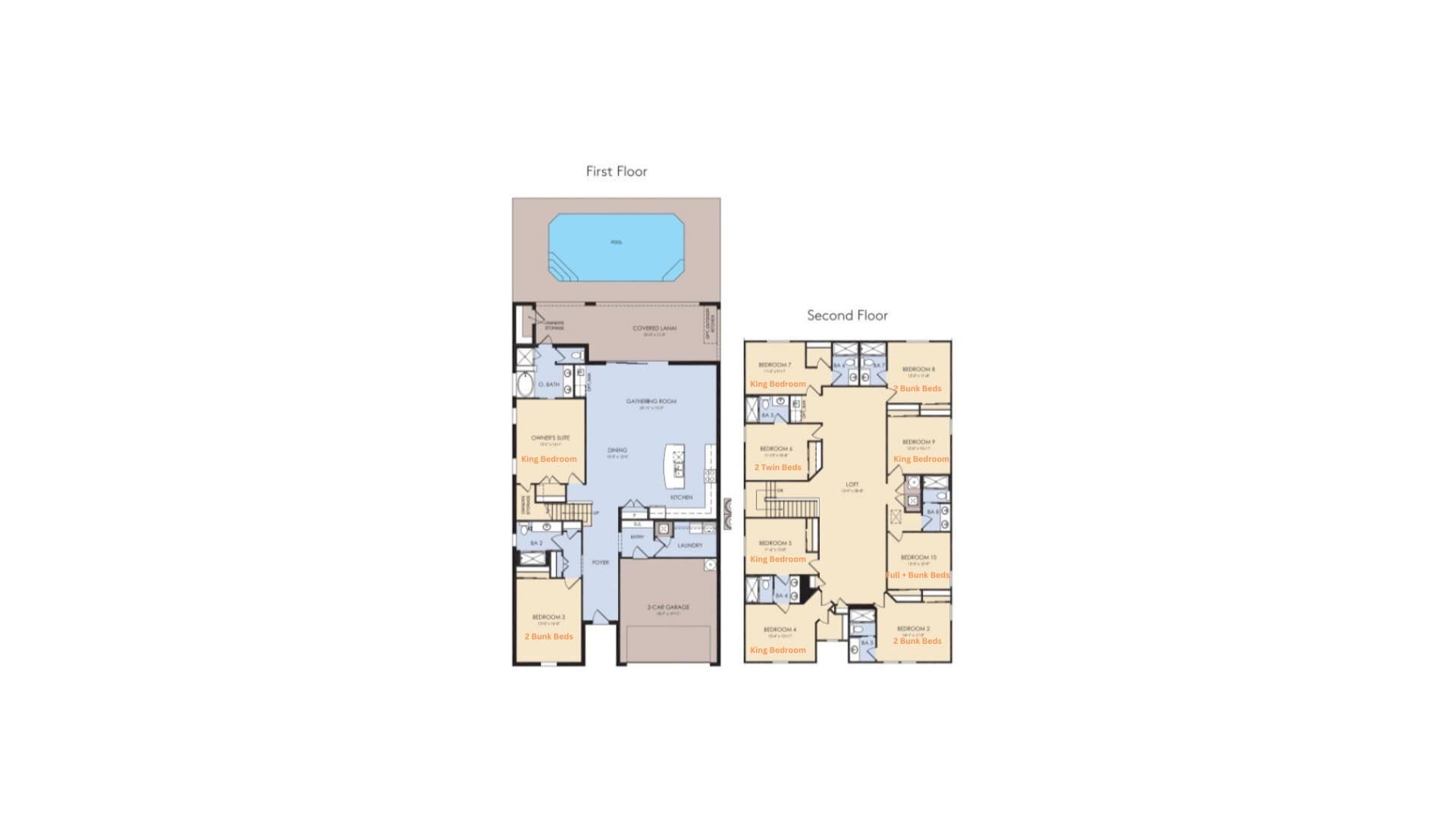 Spacious 10-bedroom layout with a private pool, multiple king suites, and bunk rooms—perfect for large groups and family getaways!